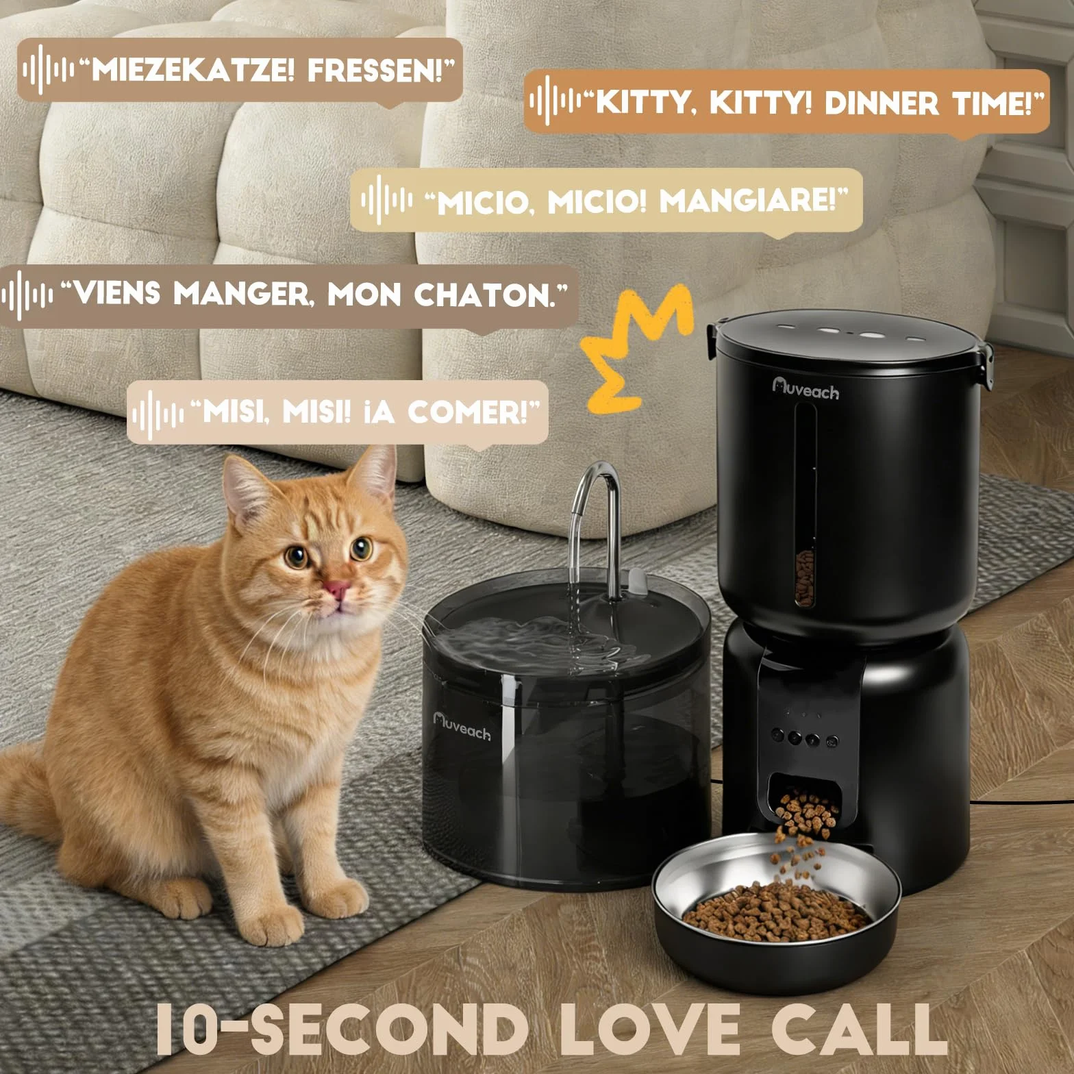 Comedero Gato Automatico y Fuente para Gatos Set - 4L WiFi 2.4G Dispensador de Comida para Gatos Perros con Temporizador Programable, 1-10 Comidas al Día, Cuenco de Acero Inoxidable (Negro)