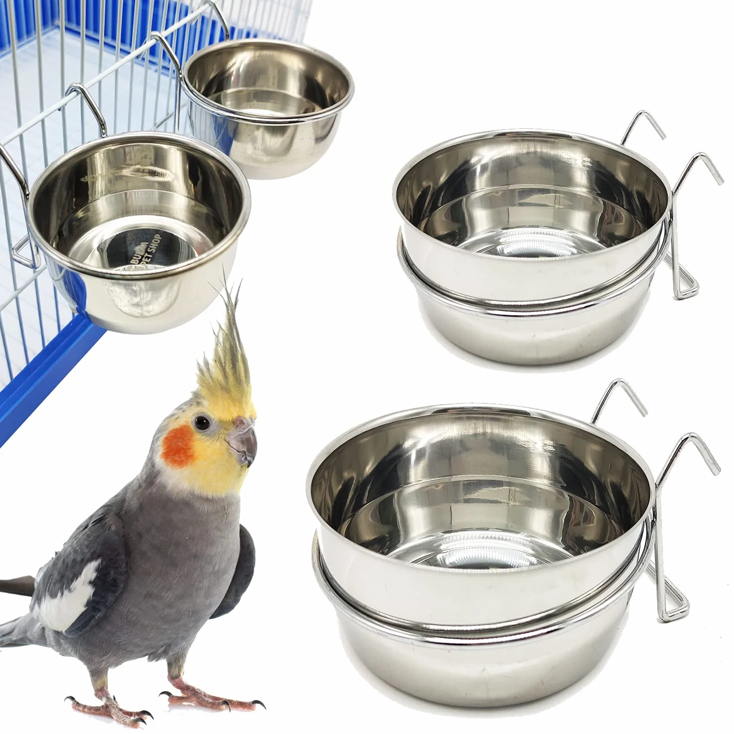 2X Comedero Bebedero para Jaula de Pajaro Acero Inoxidable con Gancho Contenedor de Comida 4 Tamaños Cuenco de Comida Colgante para Pájaro Loro Animal Pequeño Perro BPS-11129 * 2