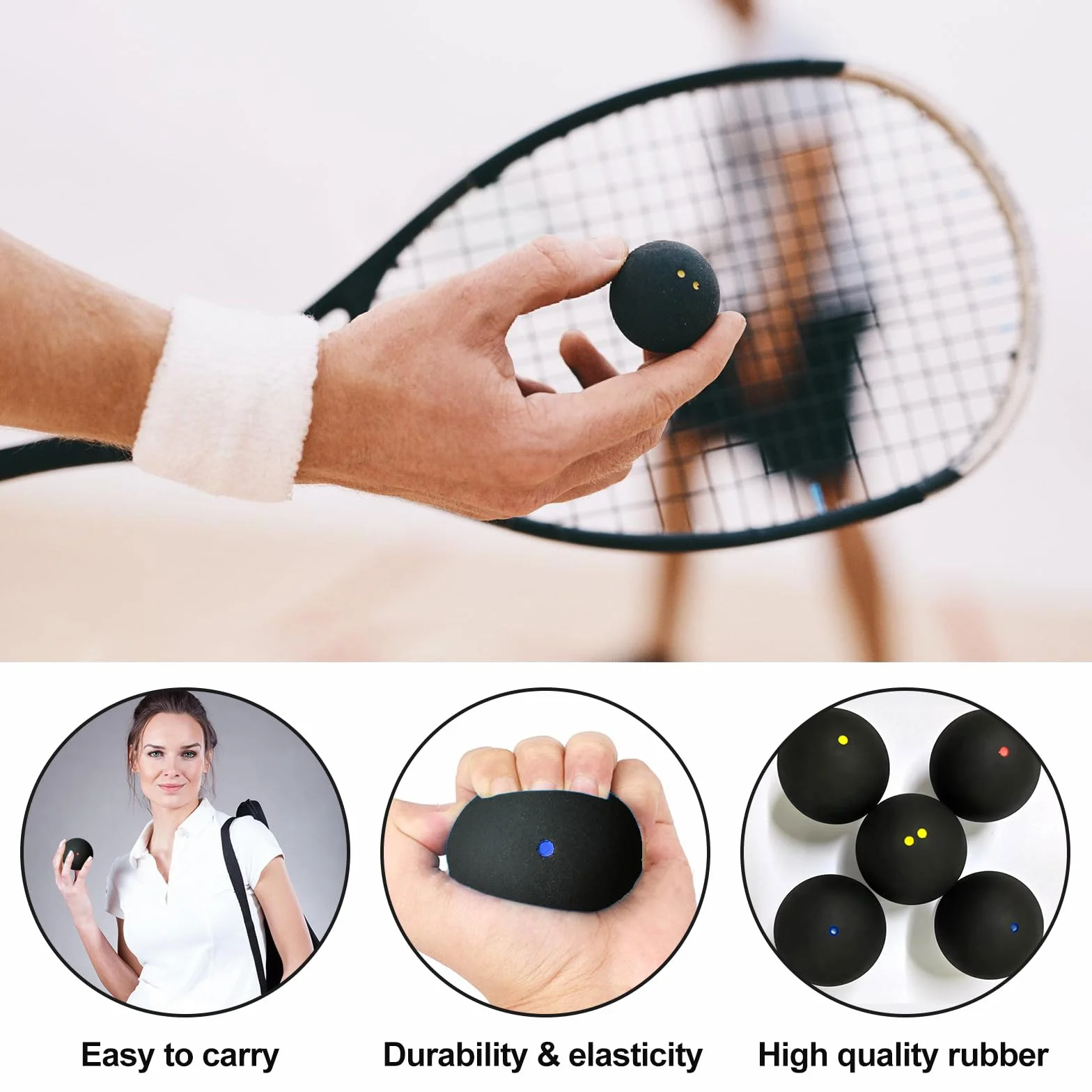 SUNOYA Juego de 4 pelotas de squash de goma de alto rebote para entrenamiento