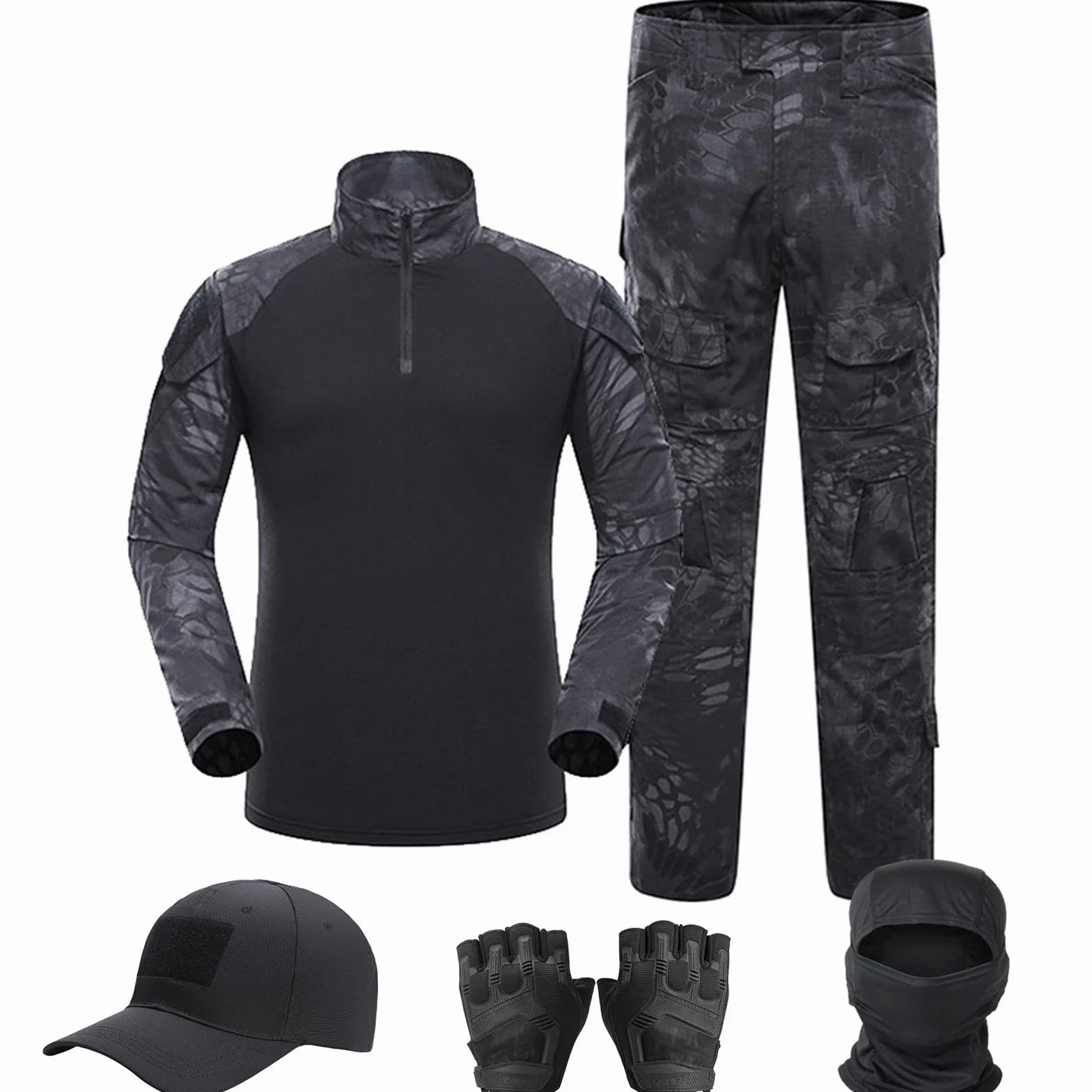 Traje táctico militar negro para airsoft hombre - Pantalones y camisa de combate con pasamontañas y guantes
