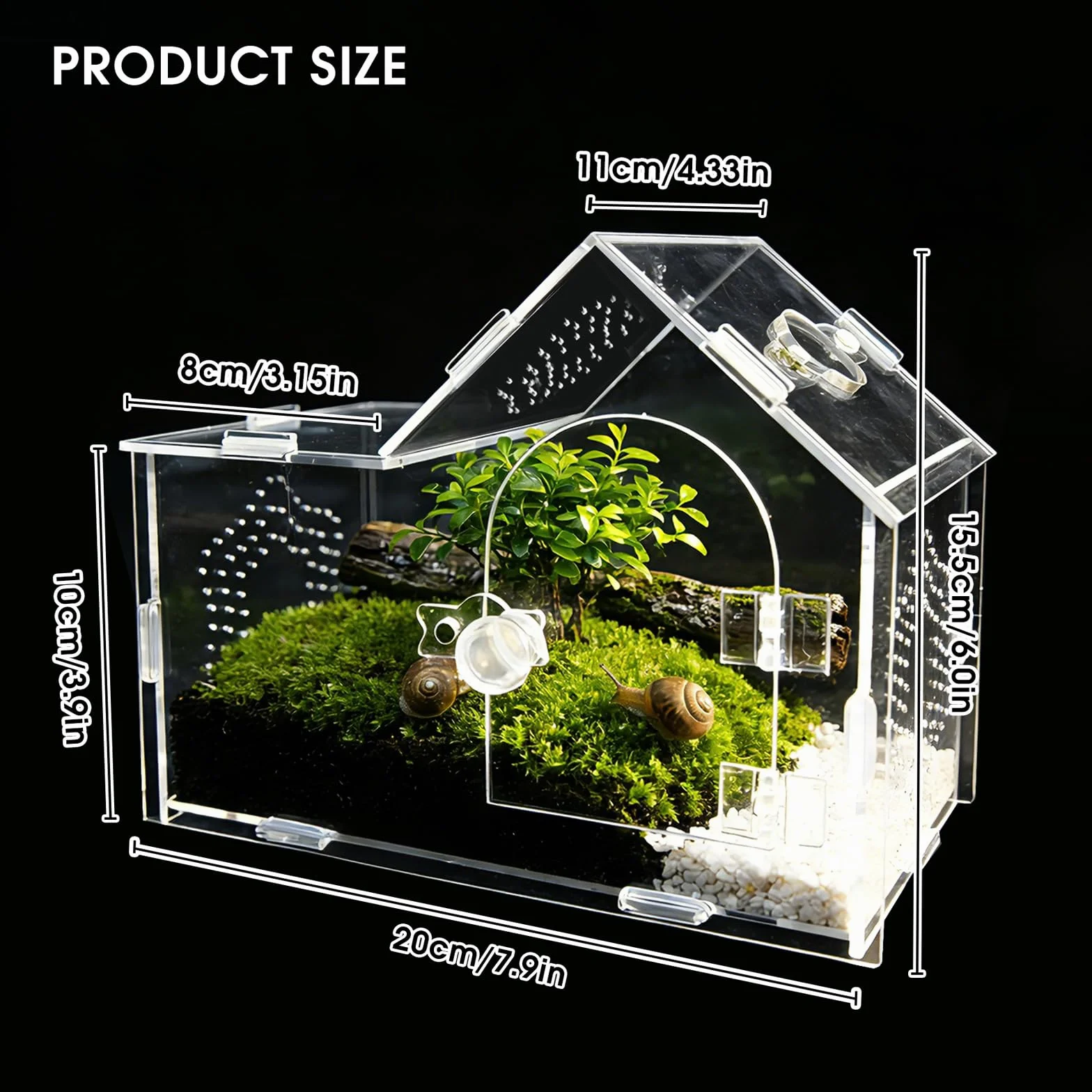 Caja de acrílico con cerradura magnética, caja de terrario transparente ventilada para tarántulas, gecos, mantis, cangrejos ermitaños, caracoles y otras mascotas pequeñas (7.9 x 4 x 6