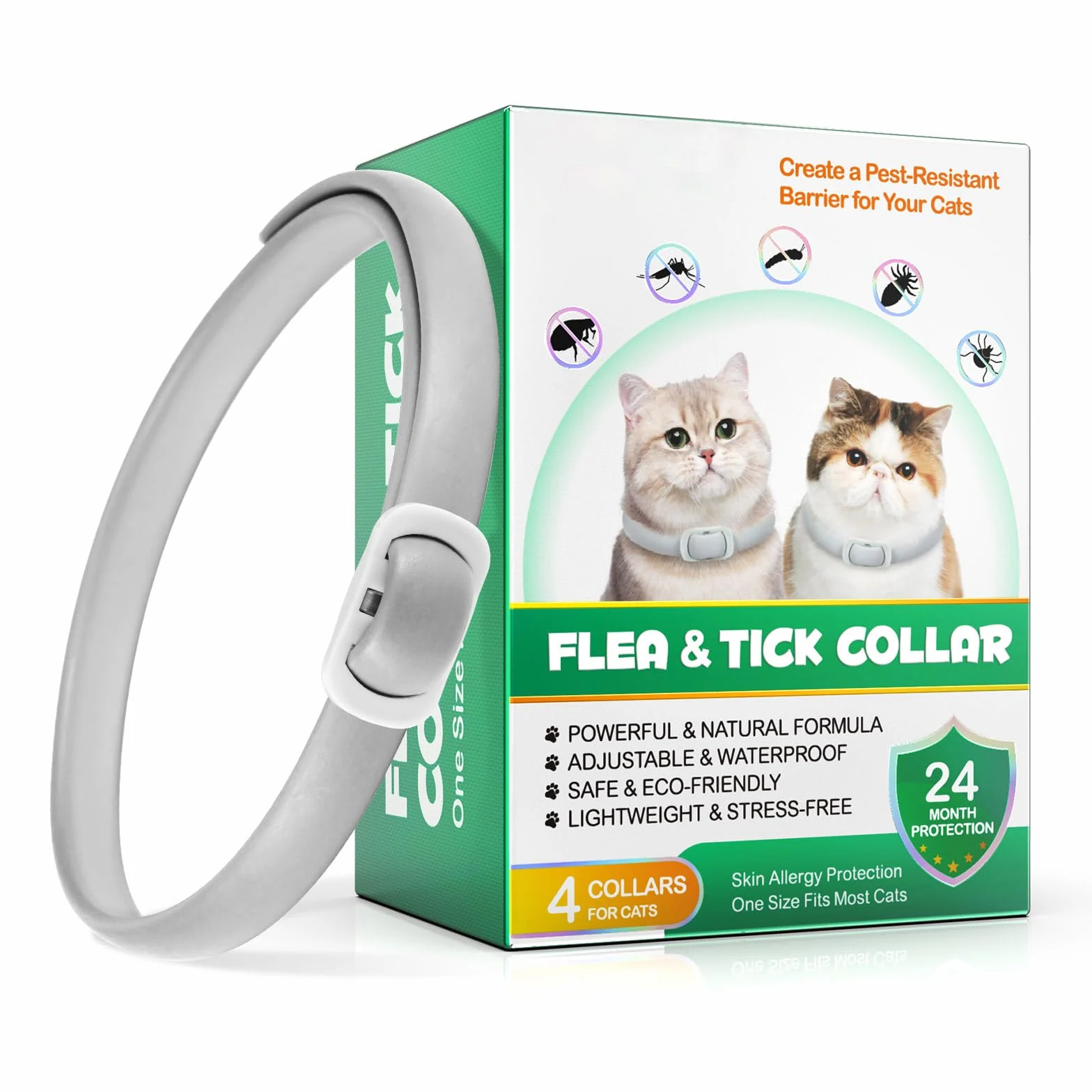 Collar antipulgas para Gatos, tratamientos contra pulgas y garrapatas para Gatos-4pcs Collar antiparasitario Protección para 24 Meses, Ajustable e Impermeable-Collar antipulgas Gatos (Gris)