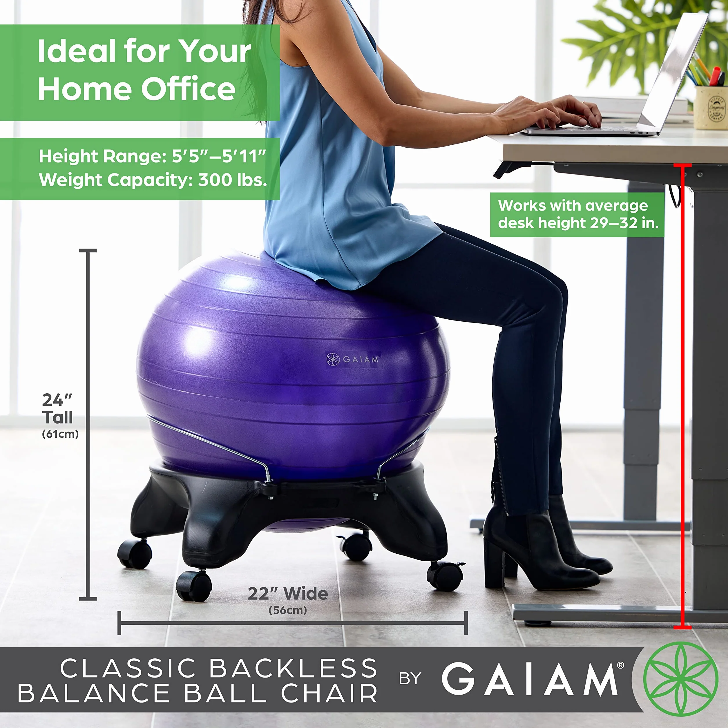Gaiam Silla de equilibrio clásica sin respaldo ergonómica con bomba de aire y guía de ejercicios