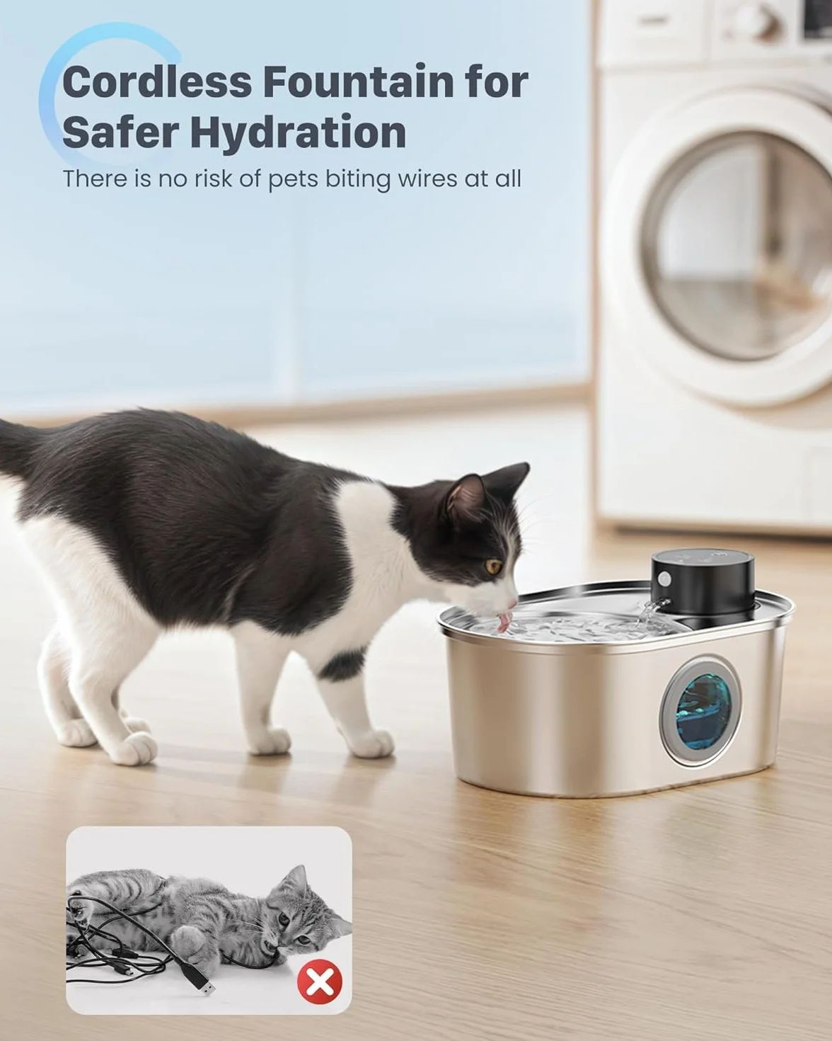 Fuente de Agua Inalámbrica para Gatos: Fuente de Acero Inoxidable para Mascotas, Dispensador Automático de Agua Inalámbrico para Interiores, Botella de Metal para Beber, Cuenco de Agua Recargable
