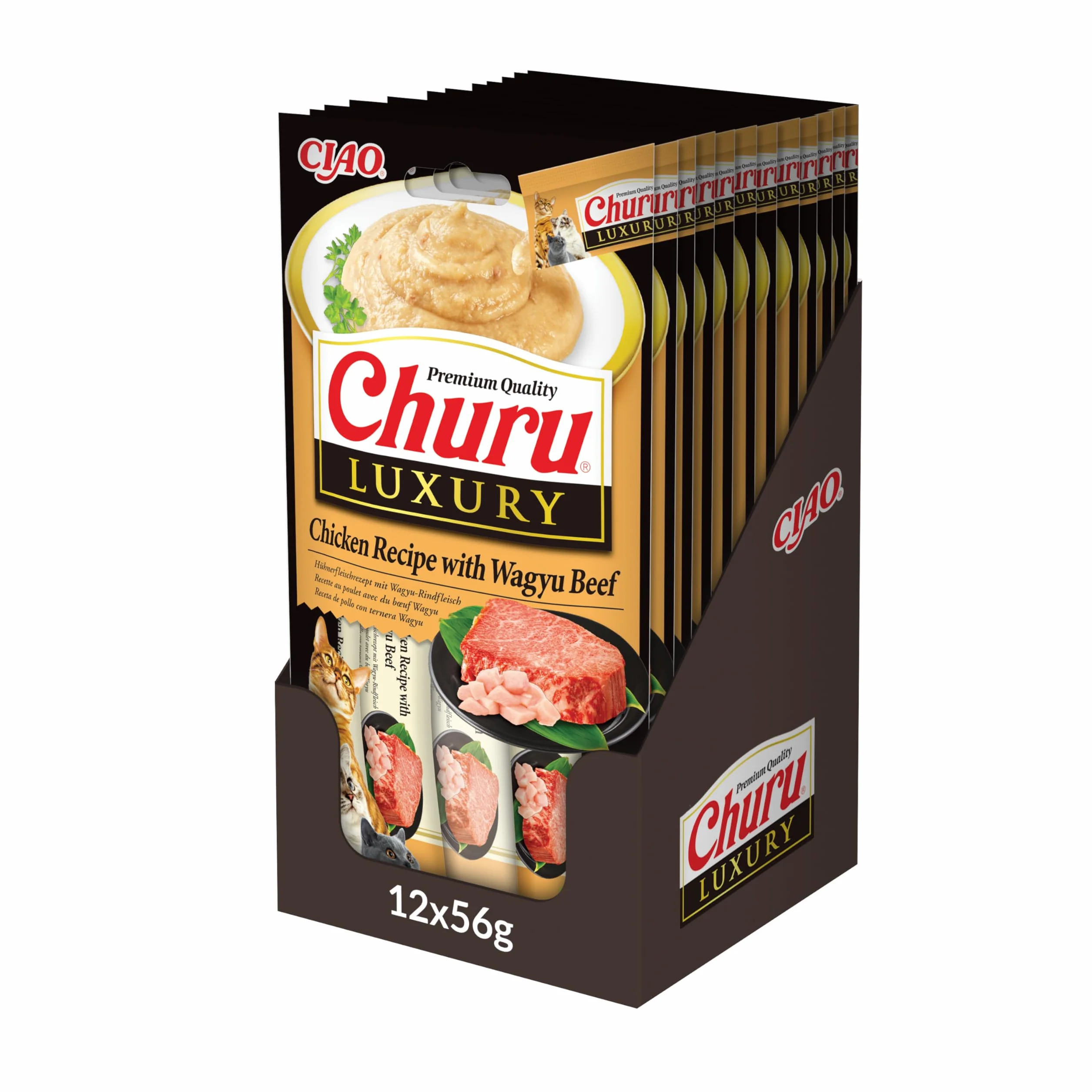 INABA Churu Luxury Gatos - Receta Saludable de Pollo y Carne de Wagyu - Deliciosos Premios con Textura Suave y Cremosa - Natural, Sin Cereales, Sin Colorantes-56g (4 Tubos x 14g)