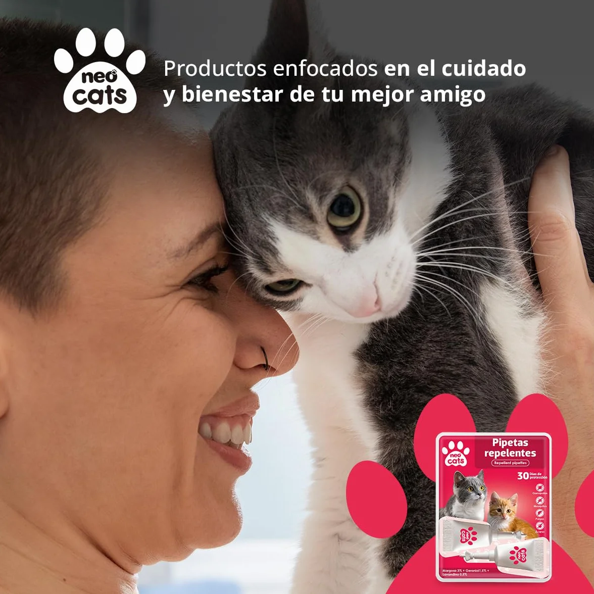 NEO CATS - Pipetas Repelente Anti-insectos para Gatos - Contra Pulgas, Garrapatas y Mosquitos - 30 días de Protección - Con Margosa, Geraniol y Lavandino - Olor Herbal - 2 unidades
