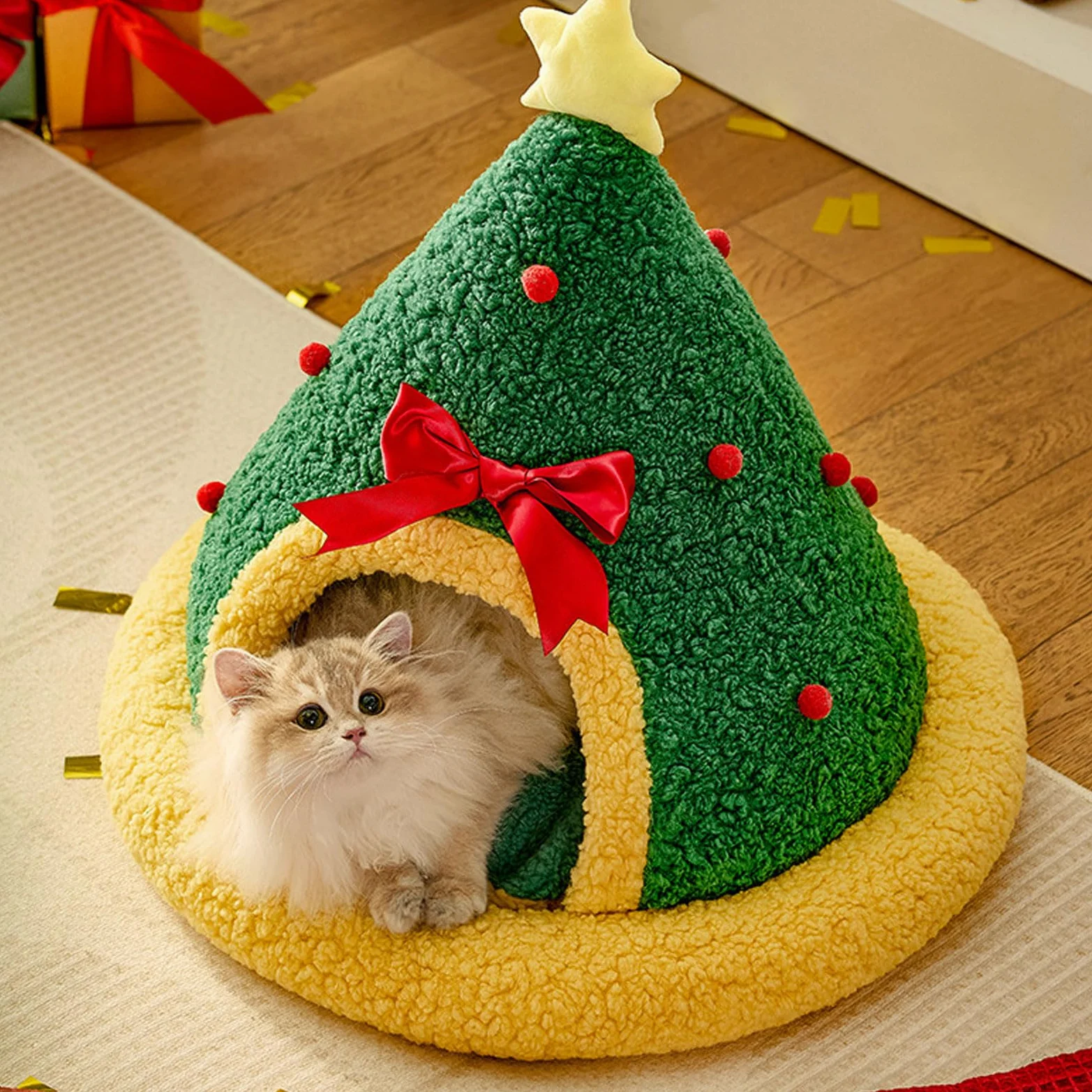 Casa para mascotas, árbol de Navidad, camas interiores para gatos, cama de cueva para gatos, diseño semicerrado, árbol de Navidad multifuncional, triangular, cama cálida para mascotas para el