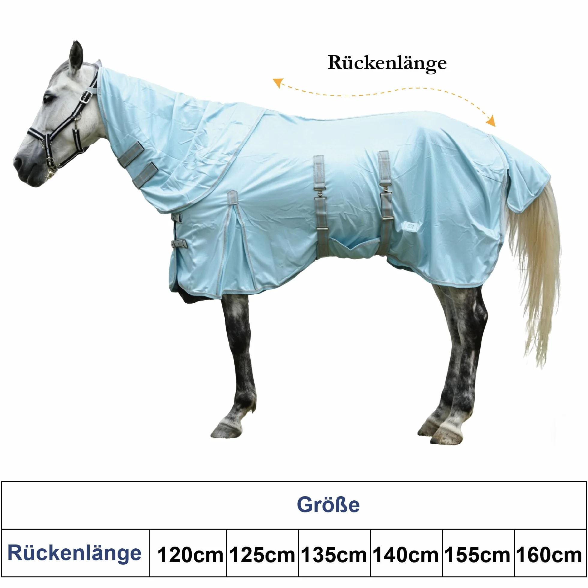 Manta antimoscas para caballos con parte del cuello, transpirable, ligera y resistente al desgarro, color azul, 155 cm