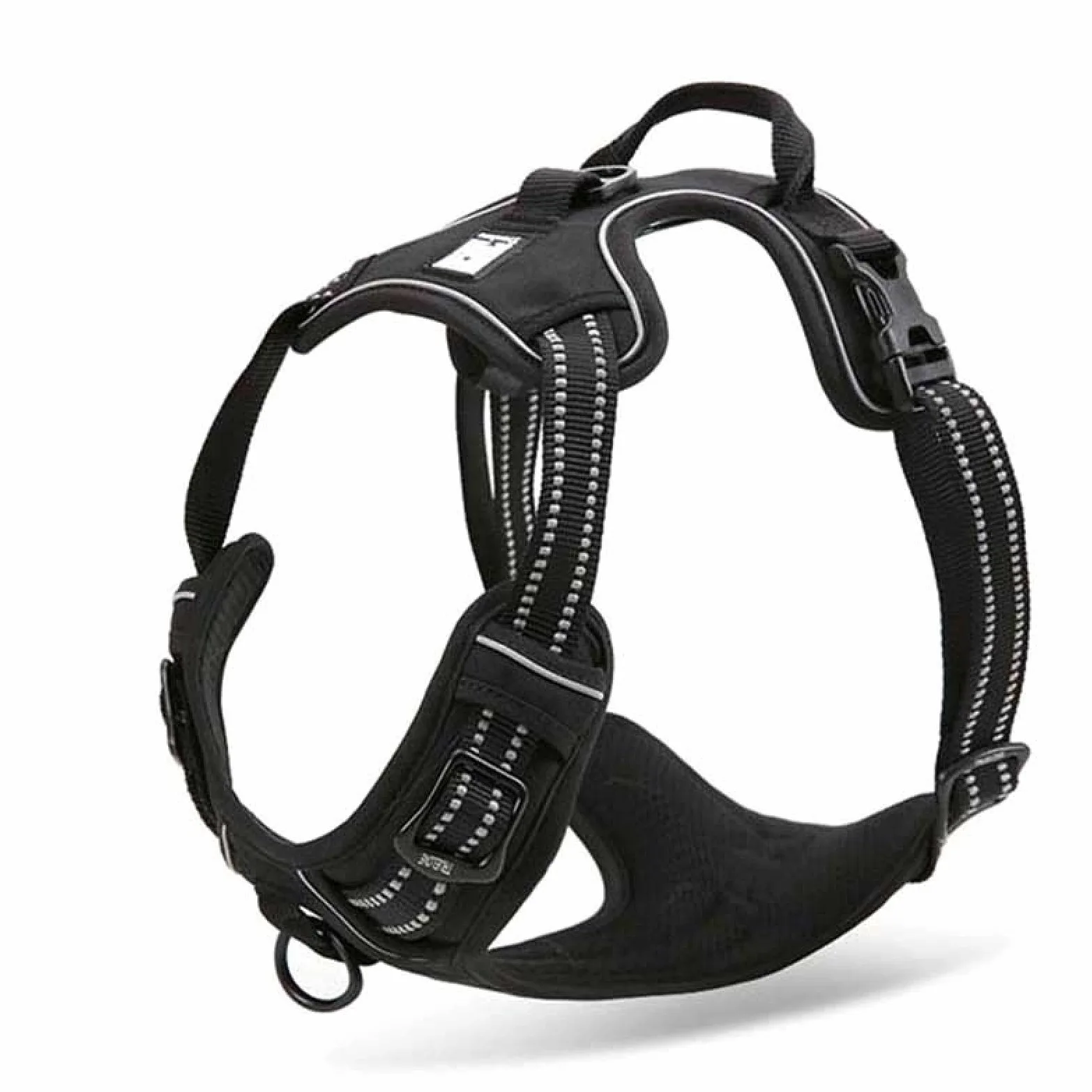 Arnés de nylon reflectante grande para mascotas para todo tipo de clima de servicio de perro en forma de V almohadilla ajustable de seguridad coche con plomo de cuero mascota XL81-107cm pecho negro
