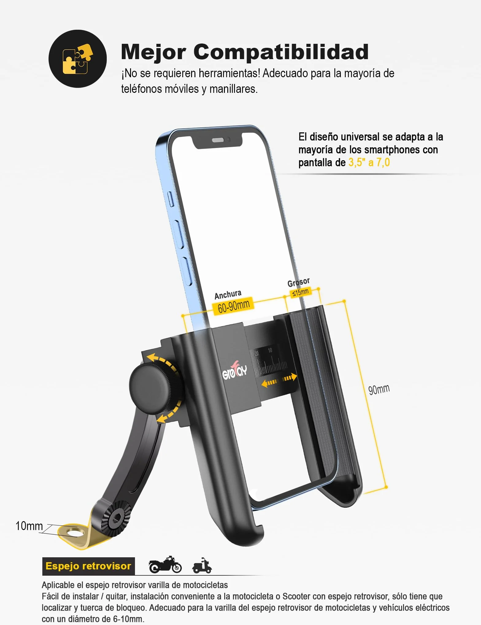 Grefay Soporte Móvil Moto Scooter Desmontaje Rápido 1S 360° Giratorio para Teléfonos 3.5-7.0 Pulgadas