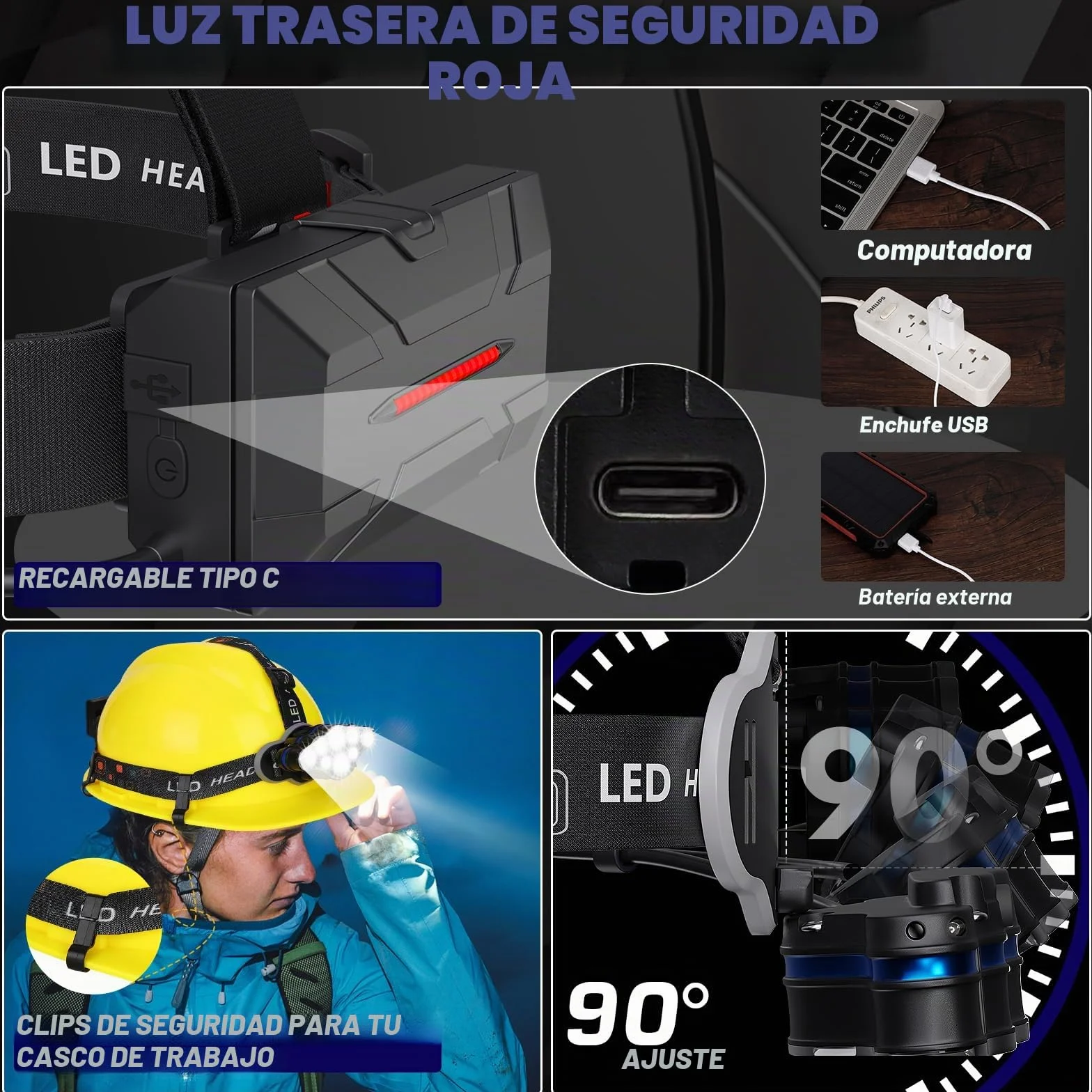 MLIAIMCE Linterna Frontal LED Recargable, 18000 Lúmens, 8 Modos, IPX4 Impermeable, para Correr Camping Excursión