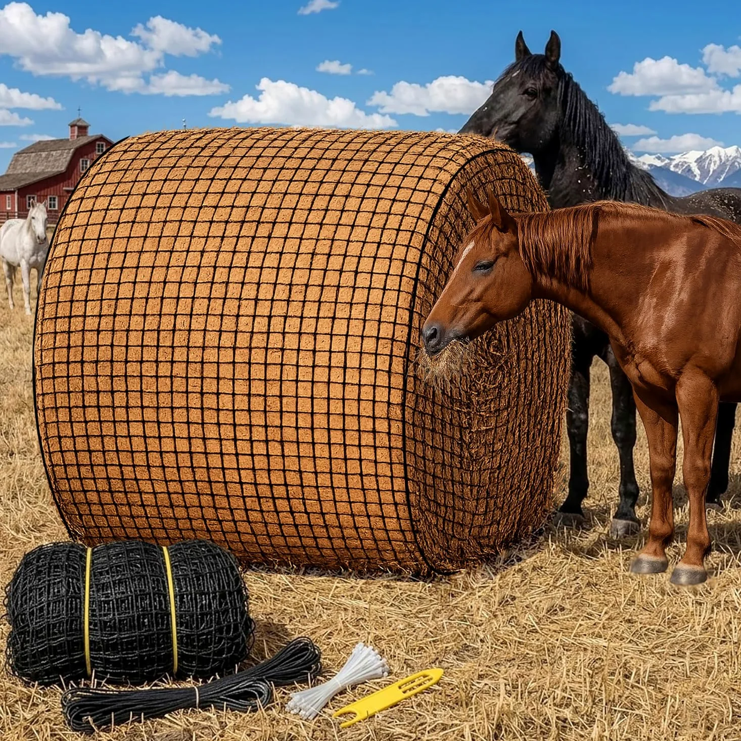 Red de heno redonda de 5 x 5 pies para caballos y cabras, redes de heno de alimentación lenta Hloes de 1.5 pulgadas con herramienta de reparación de red de heno