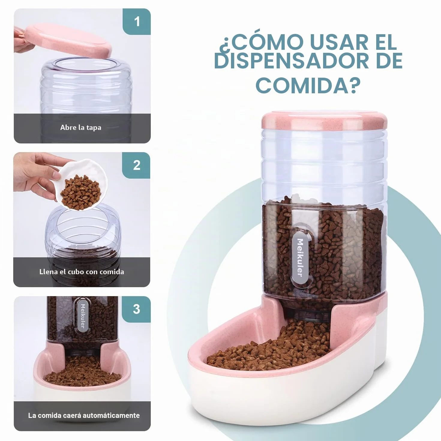 Alimentación automática 3.8l con Pala, dispensador de Agua Potable 3.8l dispensador automático de Alimentos Secos estación de alimentación para Perros, Gatos y Mascotas (Rosa)