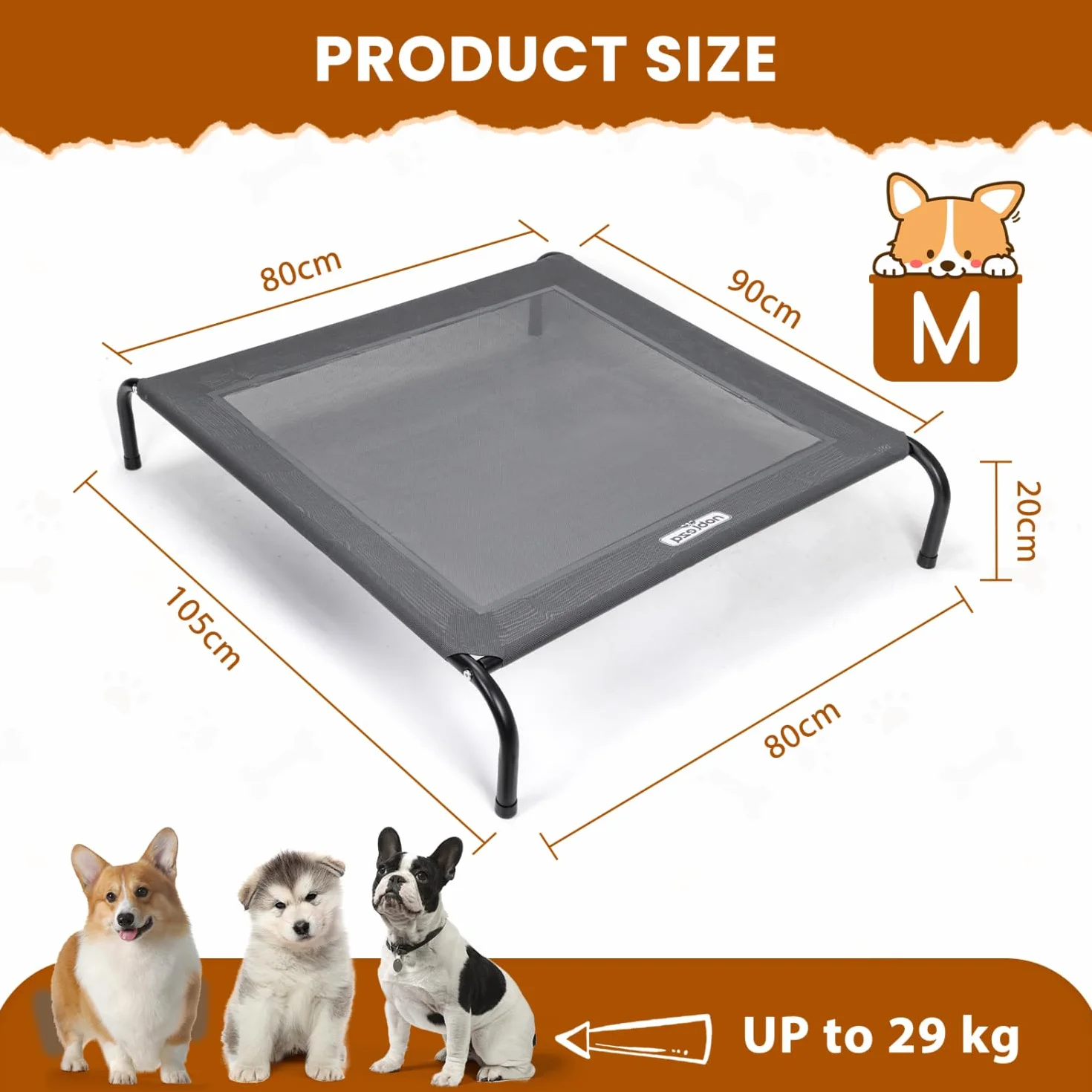 Nobleza Cama Elevada para Perro Mediano, Refrescante y Transpirable, para Exterior e Interior, Jardín y Terraza, Robusta y Lavable, Gris, M, 105x80x20CM