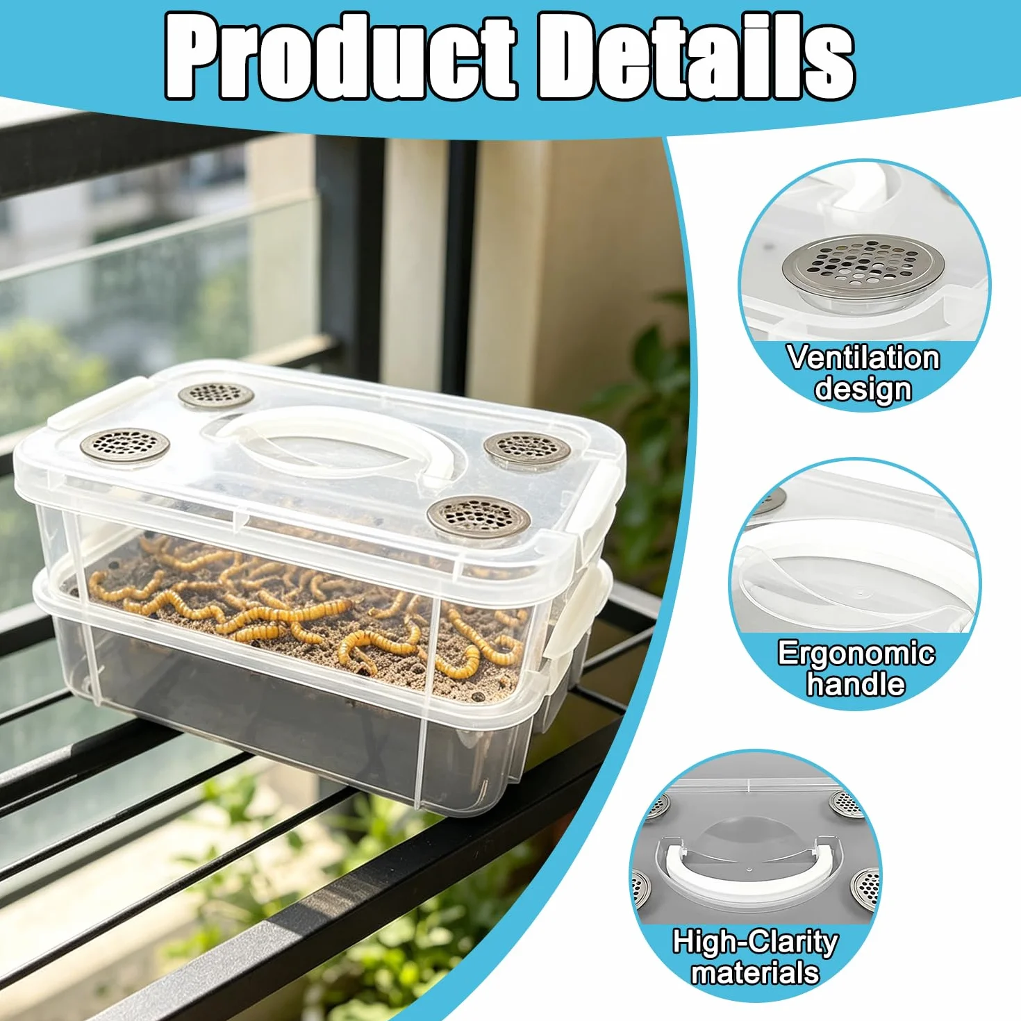 Kit de Cría de la Harina, Contenedor para Cría de Tenebrios, Contenedor Transparente de Doble Capa de Tenebrios, Caja de Cultivo y Cría de Gusanos de la Harina, para Petauros del Azúcar, Aves, Pollos