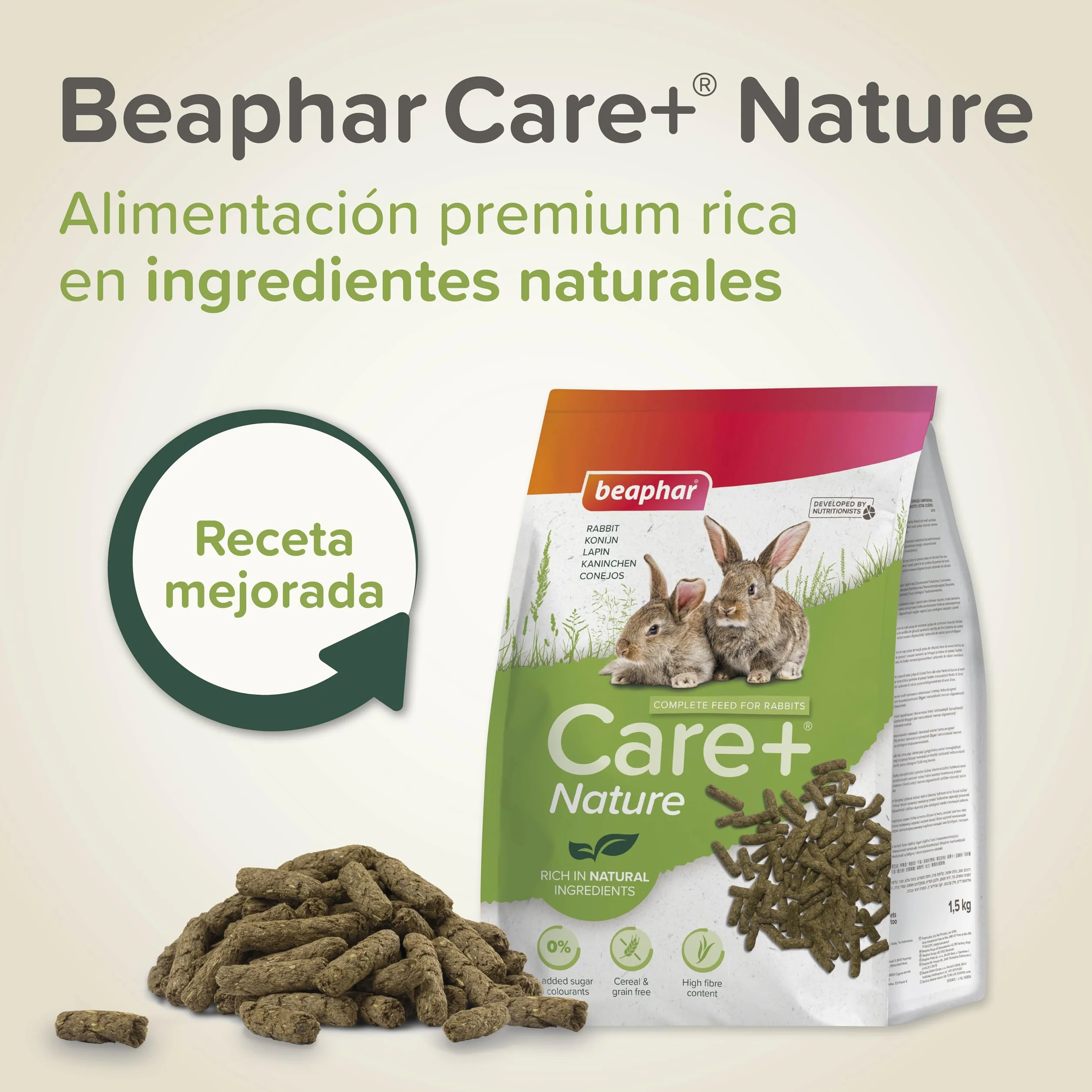 Beaphar Care+® Nature Conejo - Alimento Natural para Conejos sin Cereales, Rico en Fibra y heno Timothy - pellets Todo en uno - 1,5 kg