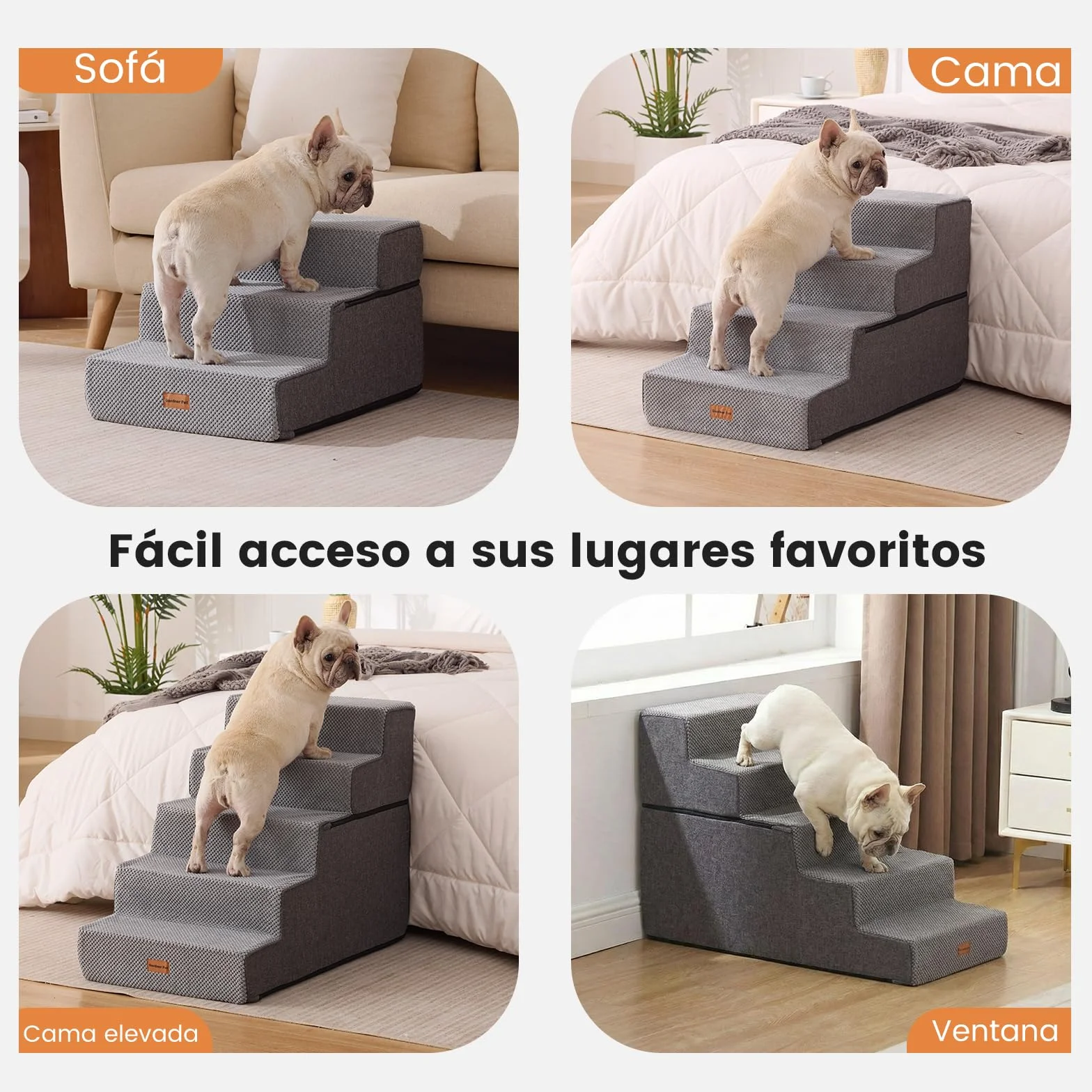 Gardner Pet Escalera para Perros Grade 3 de Espuma de Alta Densidad, 58 cm de Ancho, con Funda extraíble, Antideslizante, facilita el Acceso de Las Mascotas a sofás y Camas - Gris