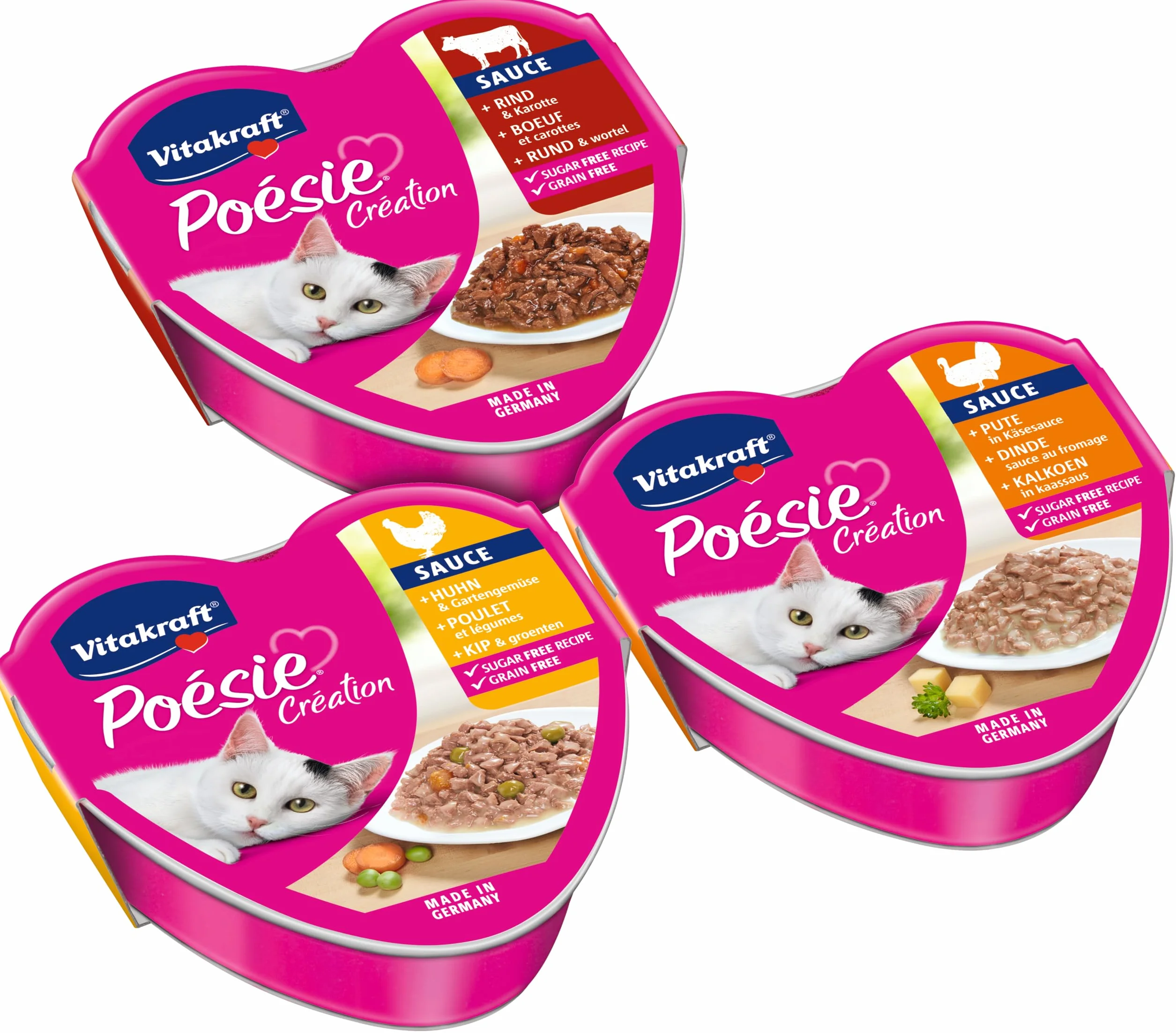 Vitakraft Poésie Création, Tender Selection, Comida húmeda para Gatos, Comida húmeda en Salsa para Gatos, con Pollo, con Pavo, con Ternera, sin azúcar añadido ni Cereales (1 Paquete de 6X 85g)