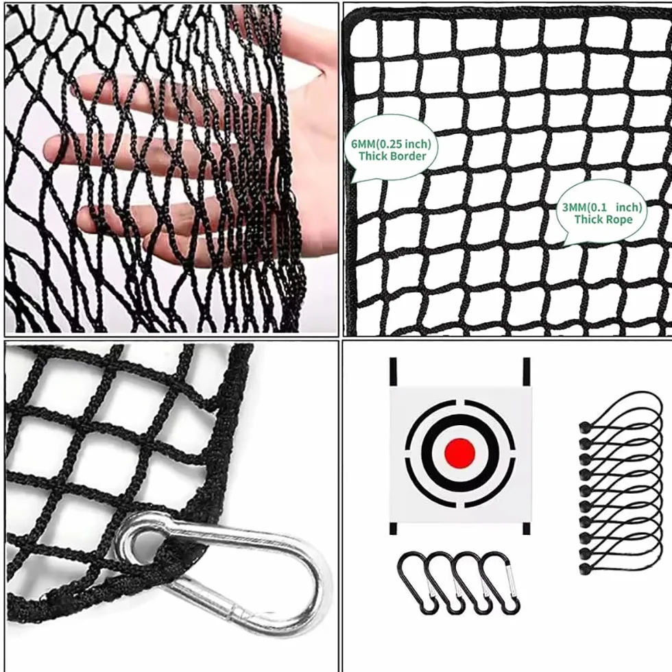 Red de Práctica Golf 3mx4.5m Malla Poliéster Negro 2,54cm con Diana Integrada +10 Bolas Elásticas +4 Mosquetones Bordes Reforzados