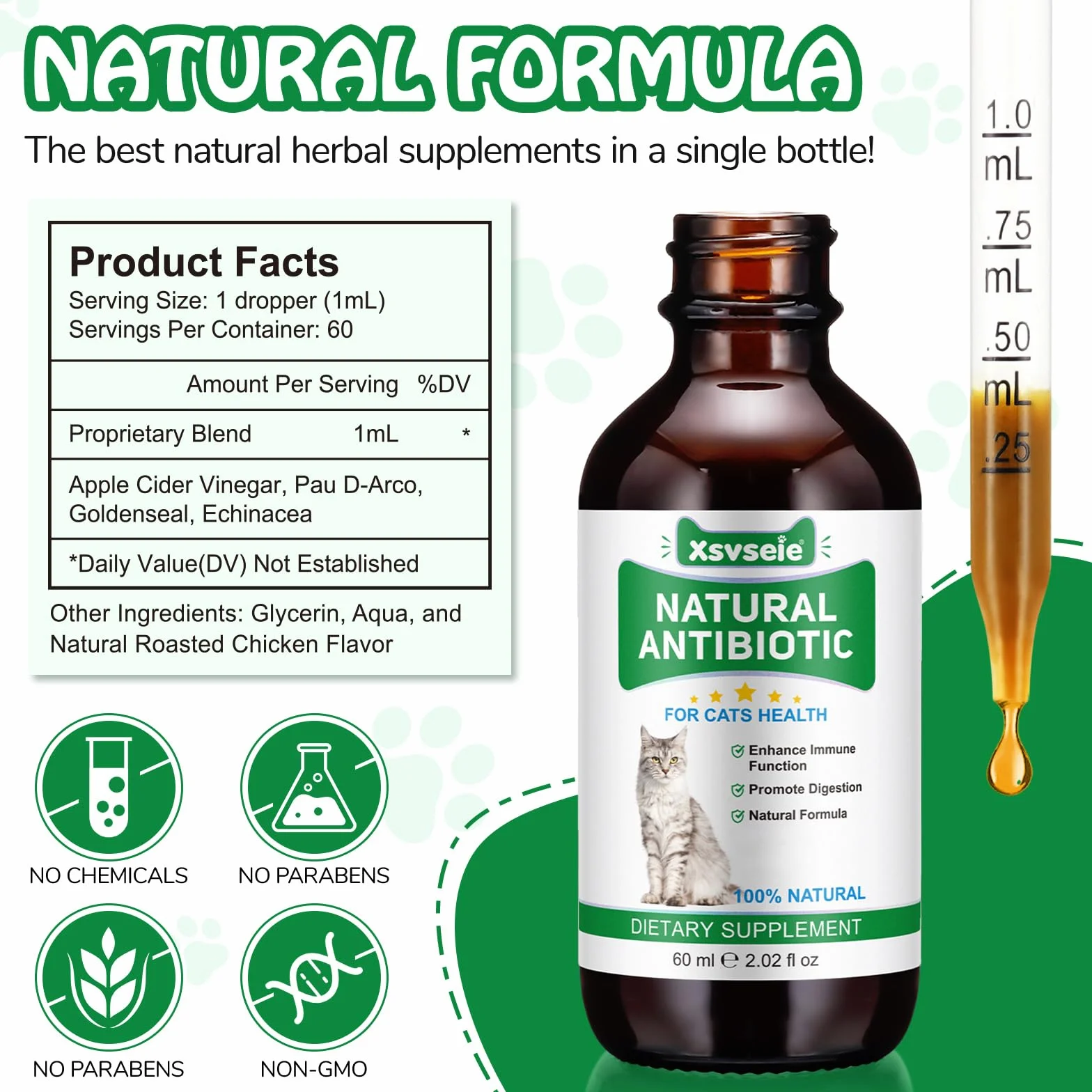 Antibióticos Naturales para Gatos, Antibióticos para Gatos, AntibióTico Natural para Gatos cistitis, Apoyo inmune y Cats Allergy Itch Relief, Health Supplies Cat UTI Antibióticos, 60 ml