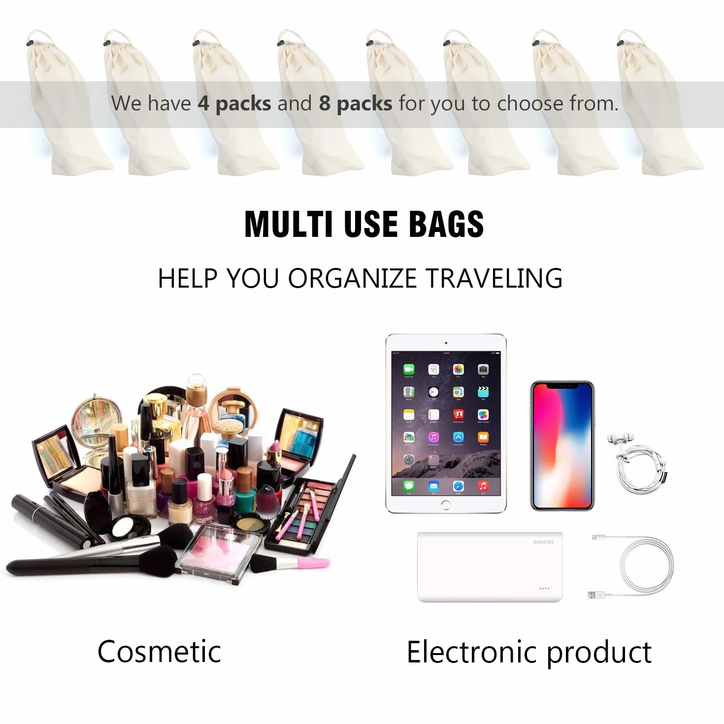 Bolsa para Guardar Zapatos 100% Algodón con Cordón, Juego de 4 Piezas para Viaje y Almacenamiento