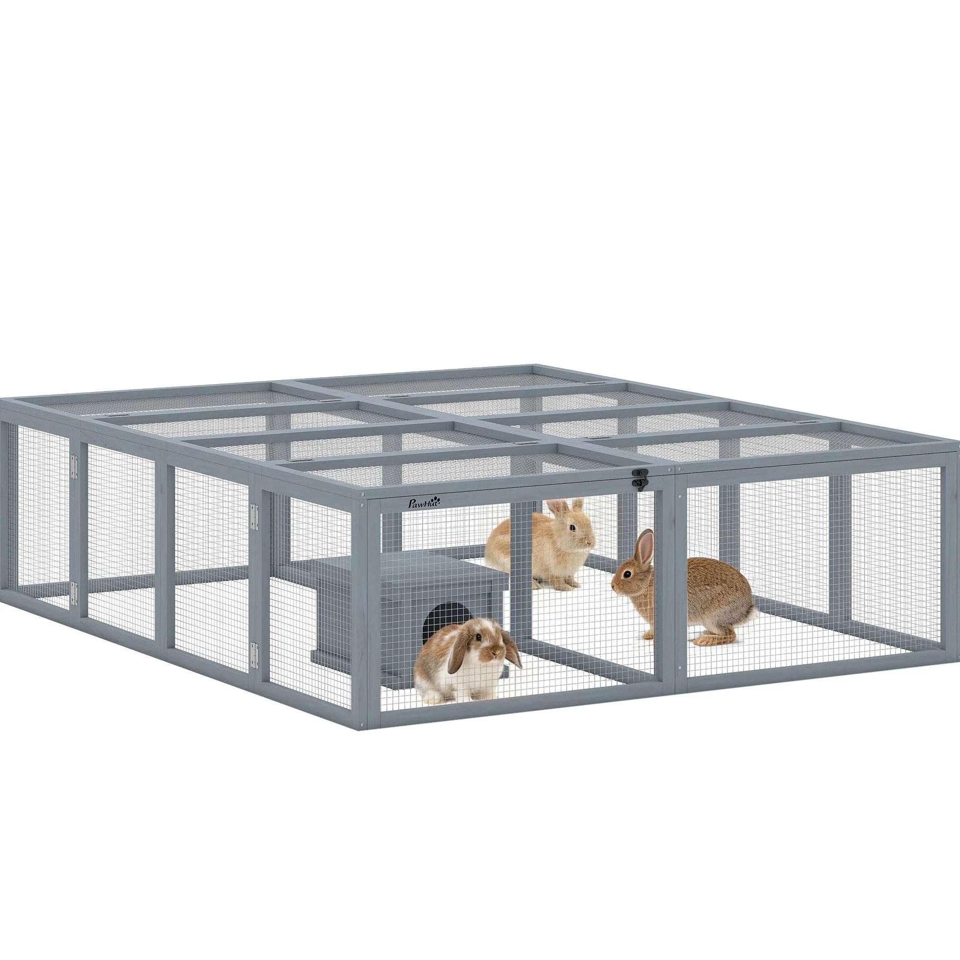PawHut Recinto con conejera 2 Puertas 180,4x150x48 cm Gris | Conejera de madera con refugio, para 2-4 conejos enanos, cobayas enanas, patos