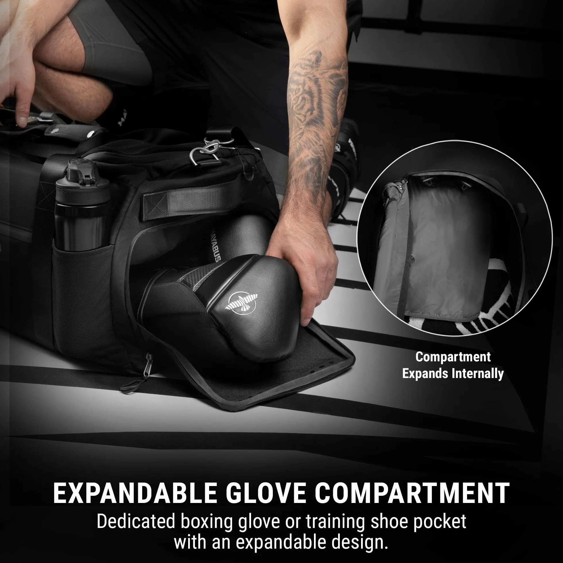 Hayabusa Airstream Bolsa de gimnasio negra 50 l 7 bolsillos con cremallera para viajes boxeo MMA BJJ kickboxing