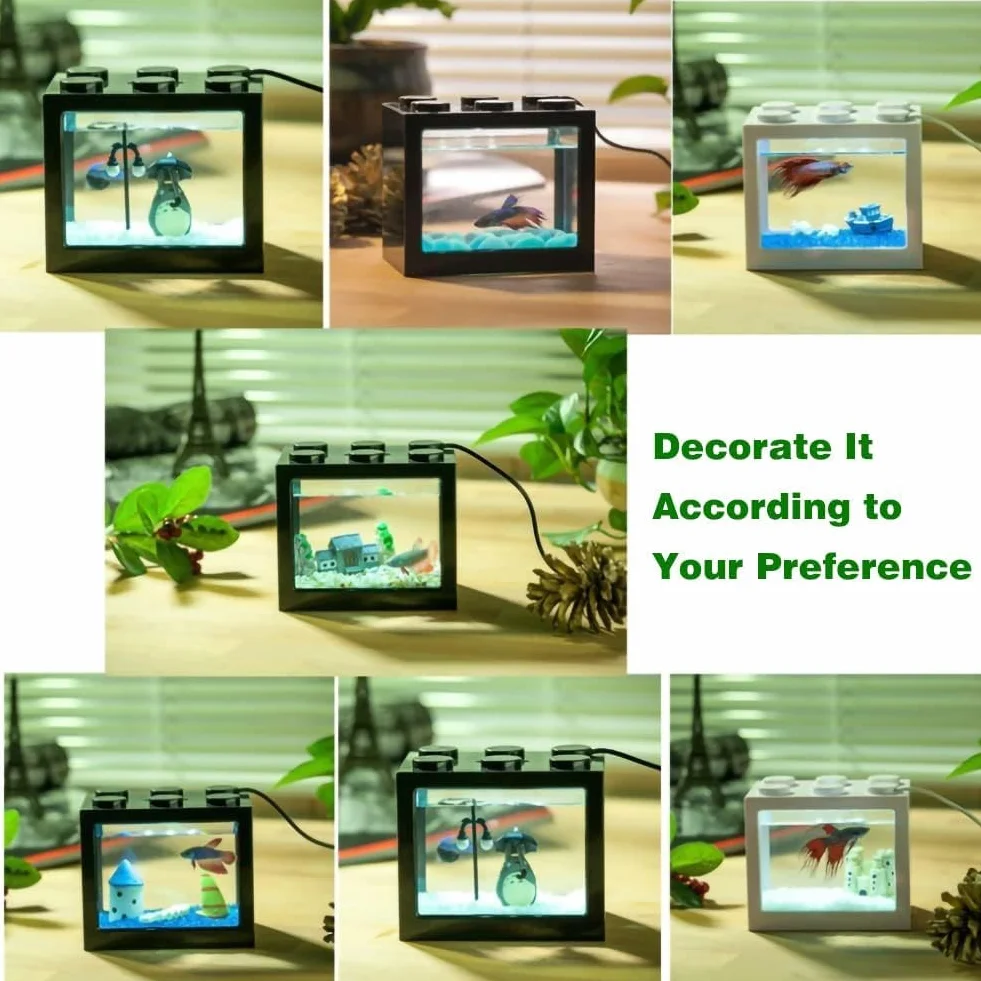 Qcwwy Mini Pecera Acrílica, Kits de Iniciación para Acuarios Mini Pecera Acuario Cubo Apilable Tanque Escritorio Mini Acuario Tanque Tazón con Luz LED USB(Negro)