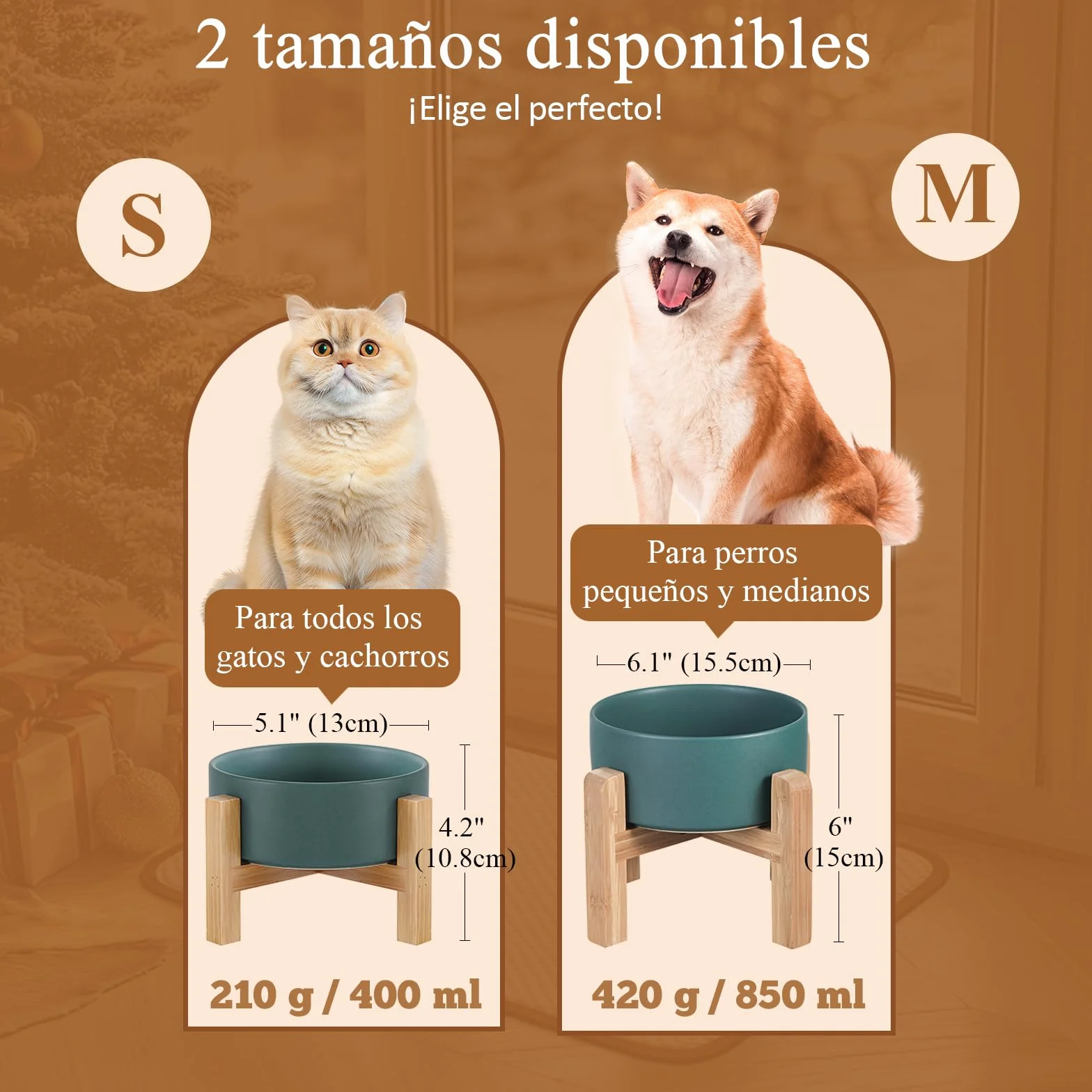Blanca Ceramica Comedero Elevado Perro y Comedero Gato - 850 ml - En un Elegante Soporte de bambú - También Adecuado para Perros Grandes/Grandes felinos