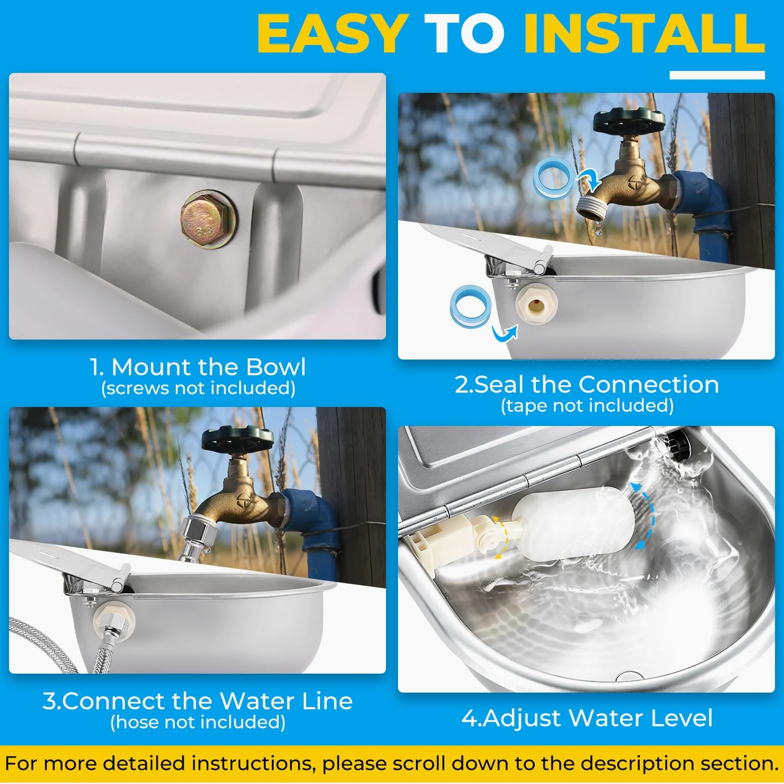 Natgai - Cuenco de agua automático de acero inoxidable con válvula de flotador y orificio de drenaje para granja para caballo, ganado, cabra, oveja, perro