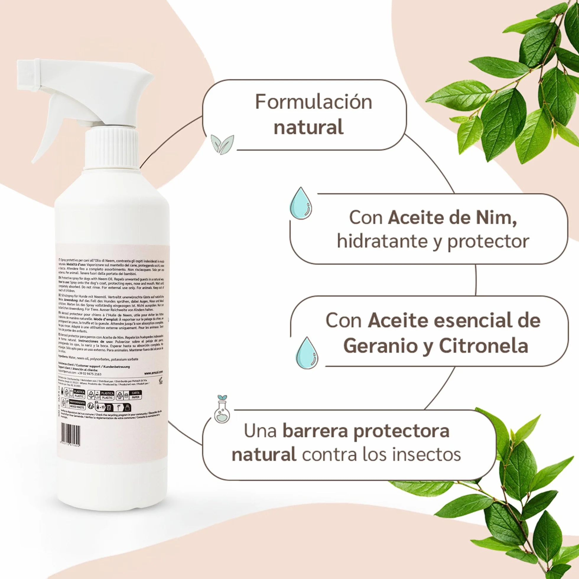 amusi Aceite de Neem para Perros - 500 ml - Anti Insectos - Spray Antipulgas Perros - contra Garrapatas Pulgas Mosquitos Moscas Ácaros Piojos - Anti Pulgas