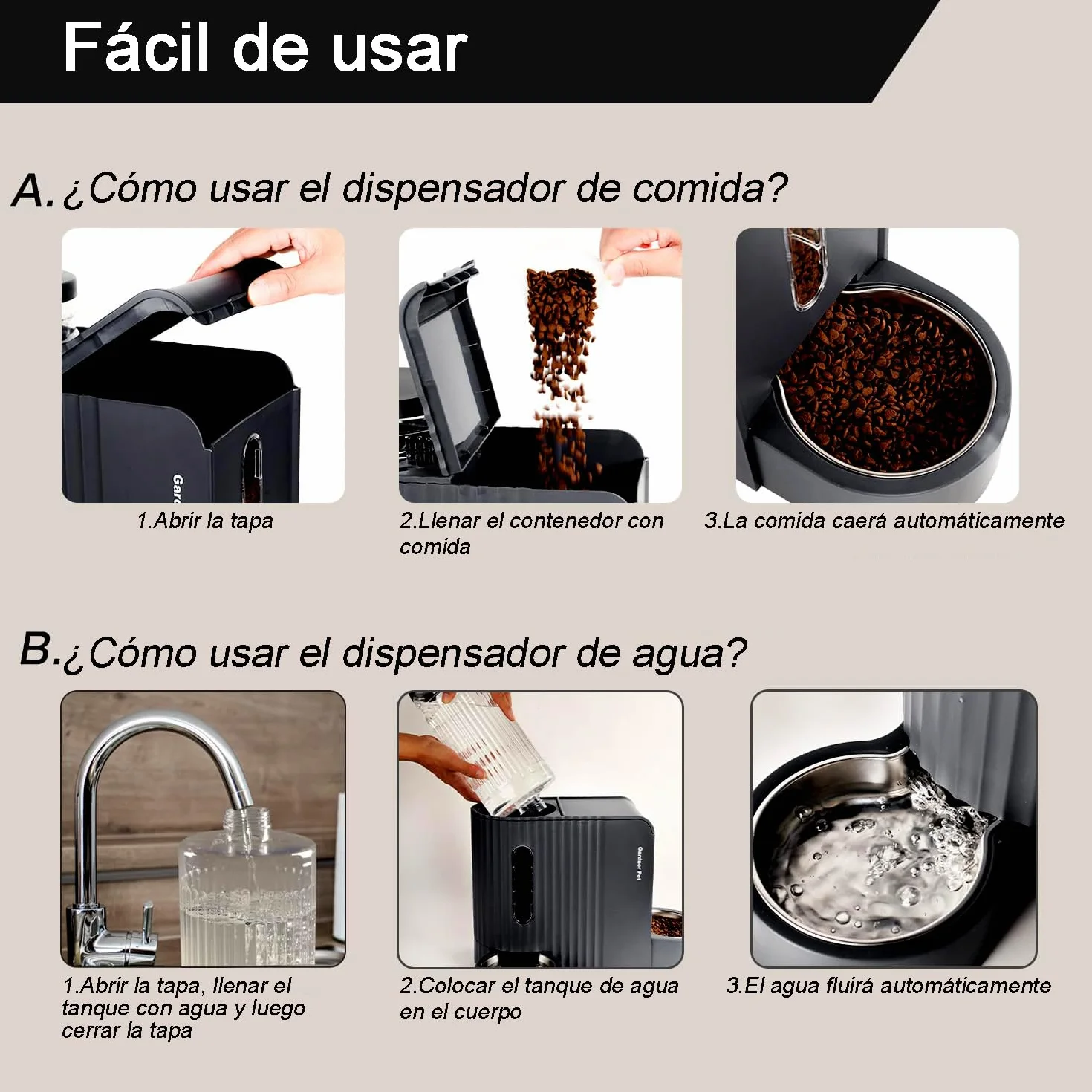 Gardner Pet 2 en 1 Comedero Gato Automatico (3L*2), Dispensador Comida y Agua, Bebedero Perro con Bol Acero Inoxidable, Dispensador Comida Gatos Gravedad,Sin BPA,No Eléctrico-Negro