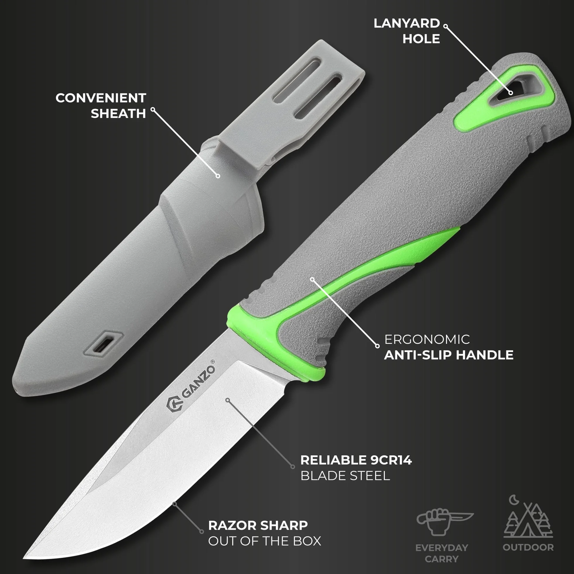 Ganzo G807-GY Cuchillo de hoja fija 9CR14 Acero inoxidable Mango ergonómico Camping Caza Pesca EDC Gris