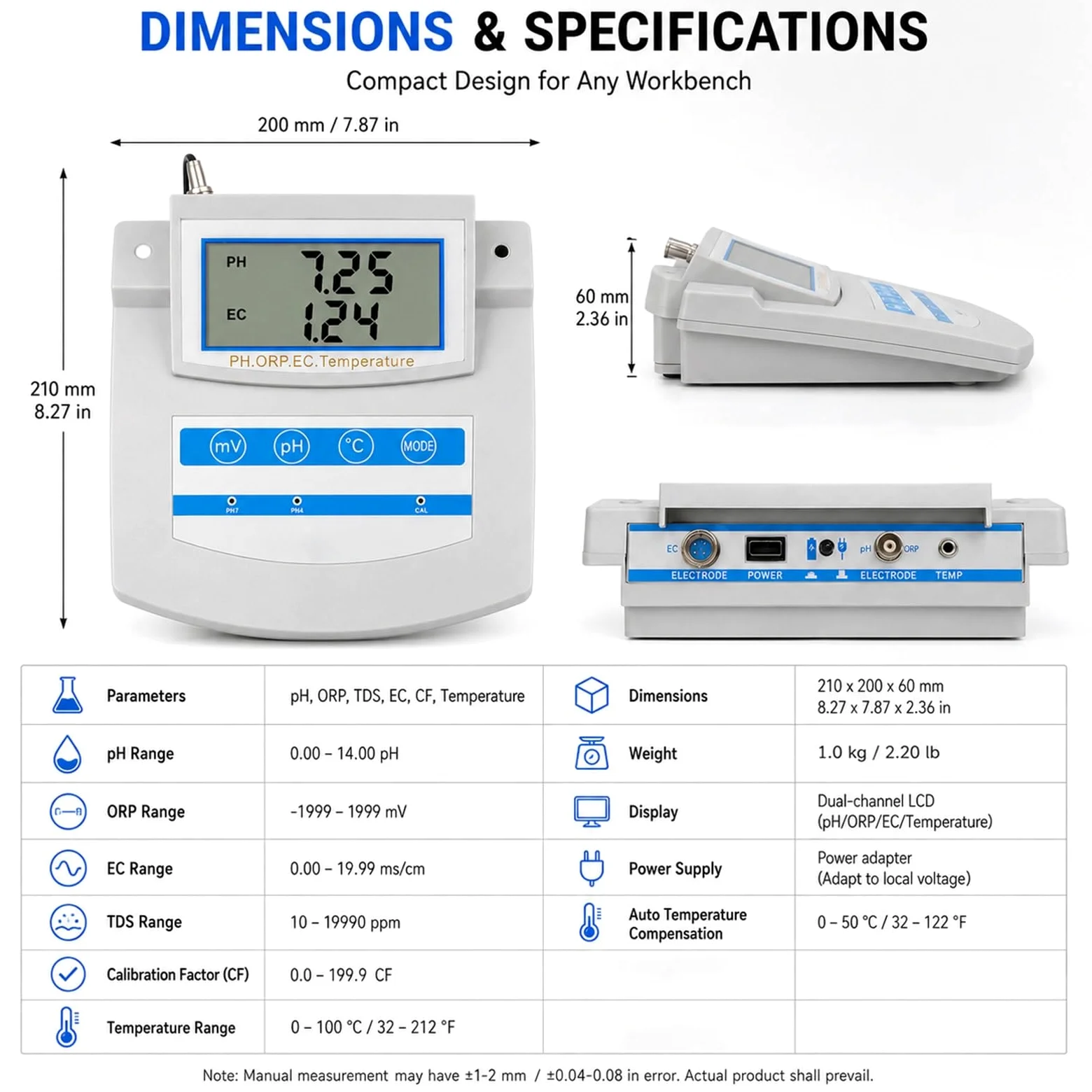 Probador de Calidad del Agua de sobremesa 6 en 1 Acuicultura hidropónica – Medidor multiparámetro Comercial pH TDS EC CF ORP Temp con ATC for gestión de nutrientes en piscifactorías