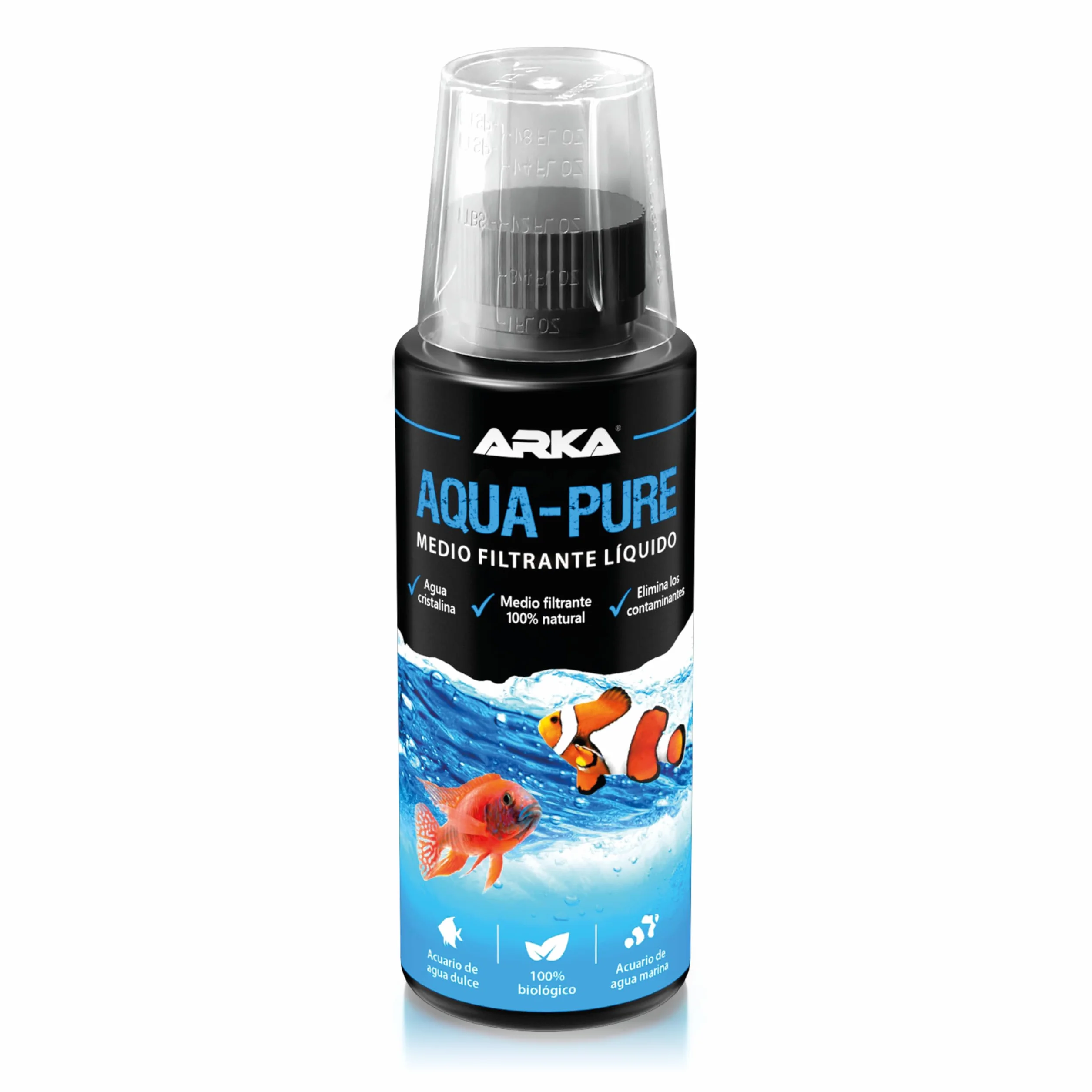 Aclarador de Agua Acuario 118 ml – ARKA Aqua-Pure – Elimina turbidez y residuos – Agua cristalina en acuarios Dulces y Marinos – 100% biológico con bacterias filtrantes – Seguro para Plantas