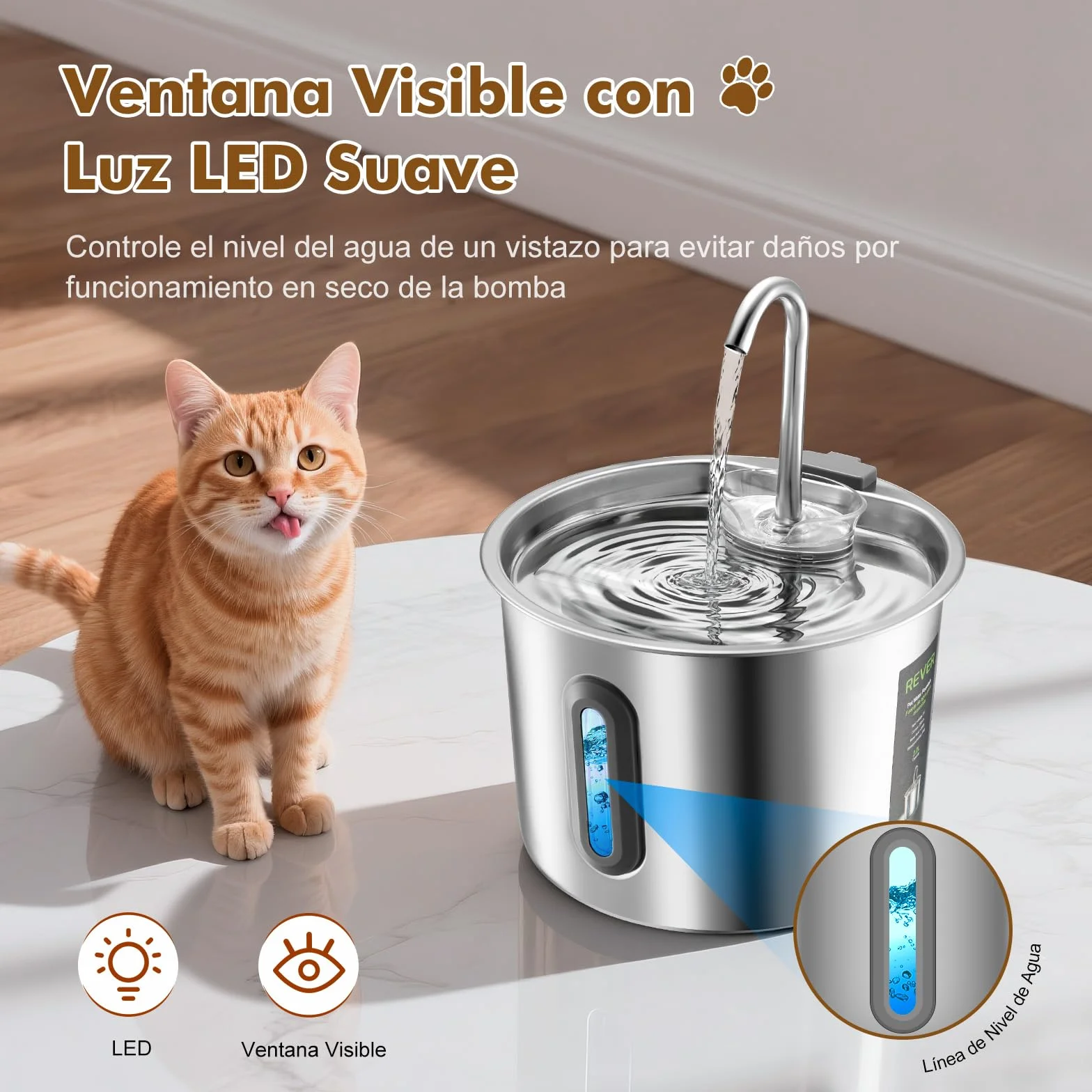 Fuente para Gatos Acero Inoxidable 2,2 L – Rever E101 Fuente de Agua para Gato con Ventana Visible y Bomba Ultra-silenciosa, Sistema de Multi-filtración, Bebedero Gatos y Animales Pequeños (Plata)
