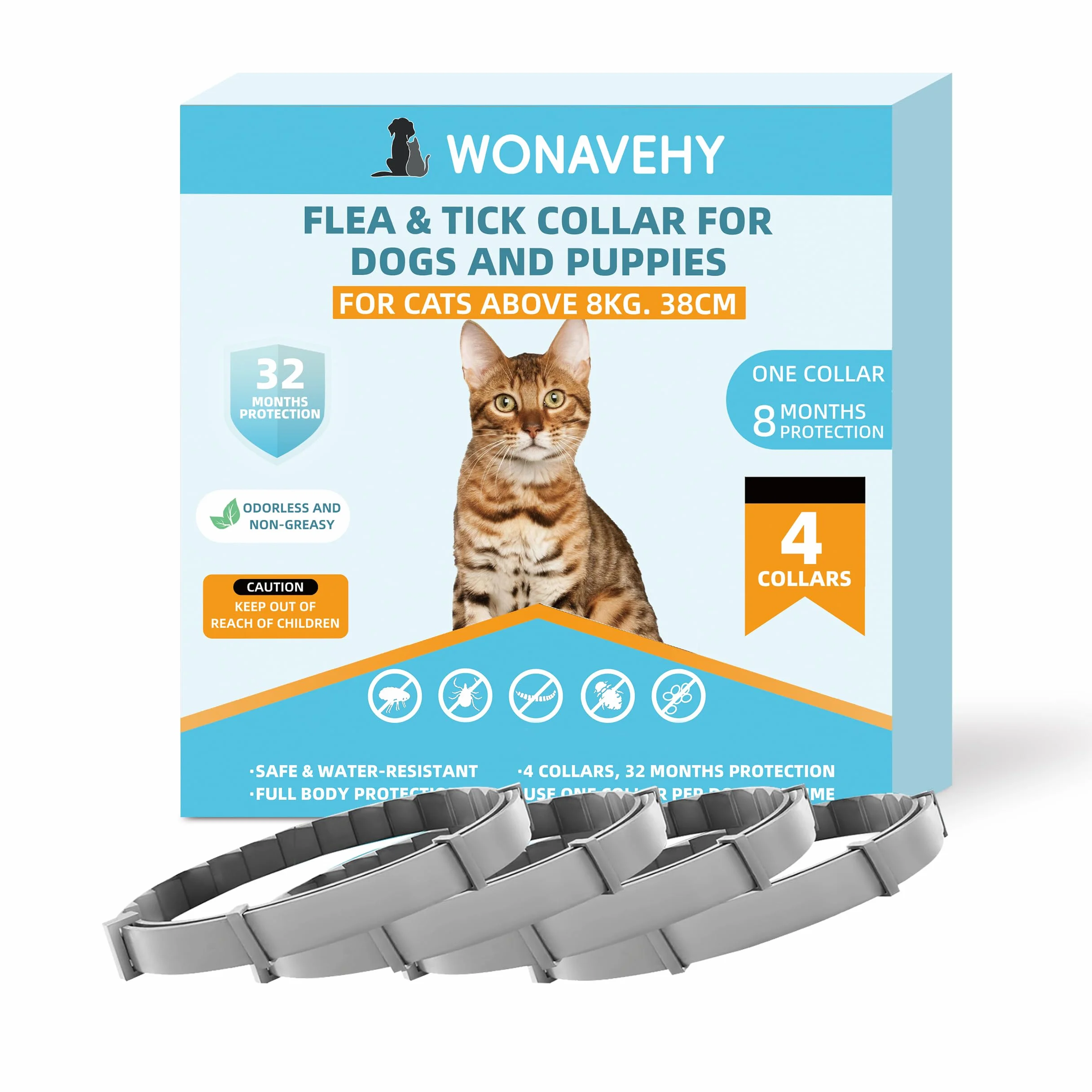 4 Collares antiparasitarios para Perros y Gatos, 38CM 8 Meses de protección, Collar antipulgas para Perros y Gatos, Ajustable, Collar antipulgas para Todos los Dog Cats