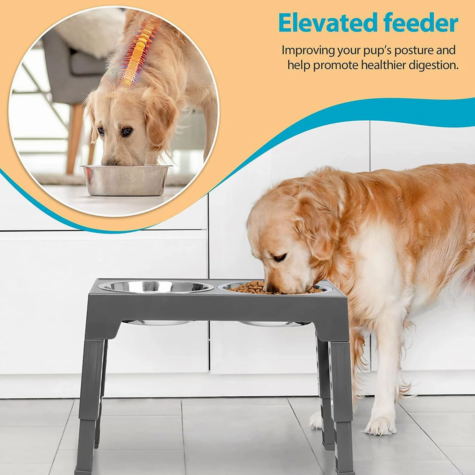 Comederos elevados for Mascotas, Soporte for comedero Elevado for Gatos, antivómitos, con 2 Cuencos Gruesos de Acero Inoxidable Antideslizantes