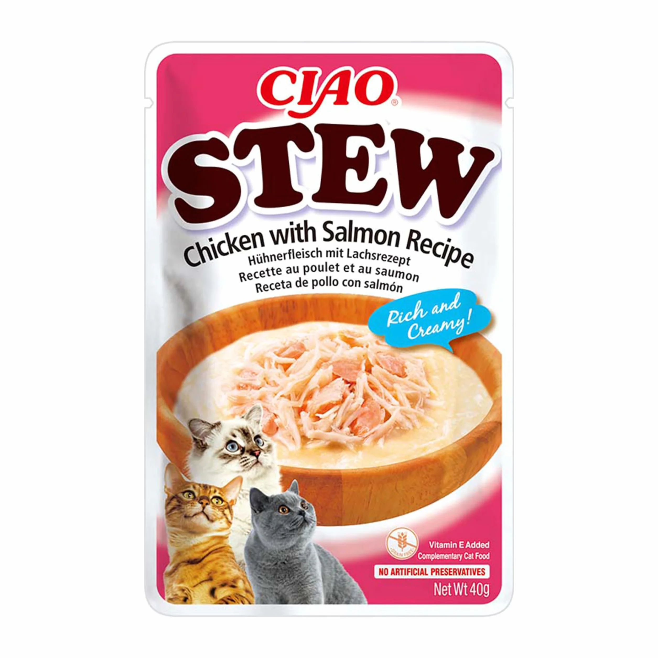 INABA Ciao Stew - Guiso Saludable para Gatos - Snacks, Receta de Pollo con Salmón - Premios Ricos y Cremosos - Sin Cereales, Conservantes, Colorantes - Pocas Calorías - 40g