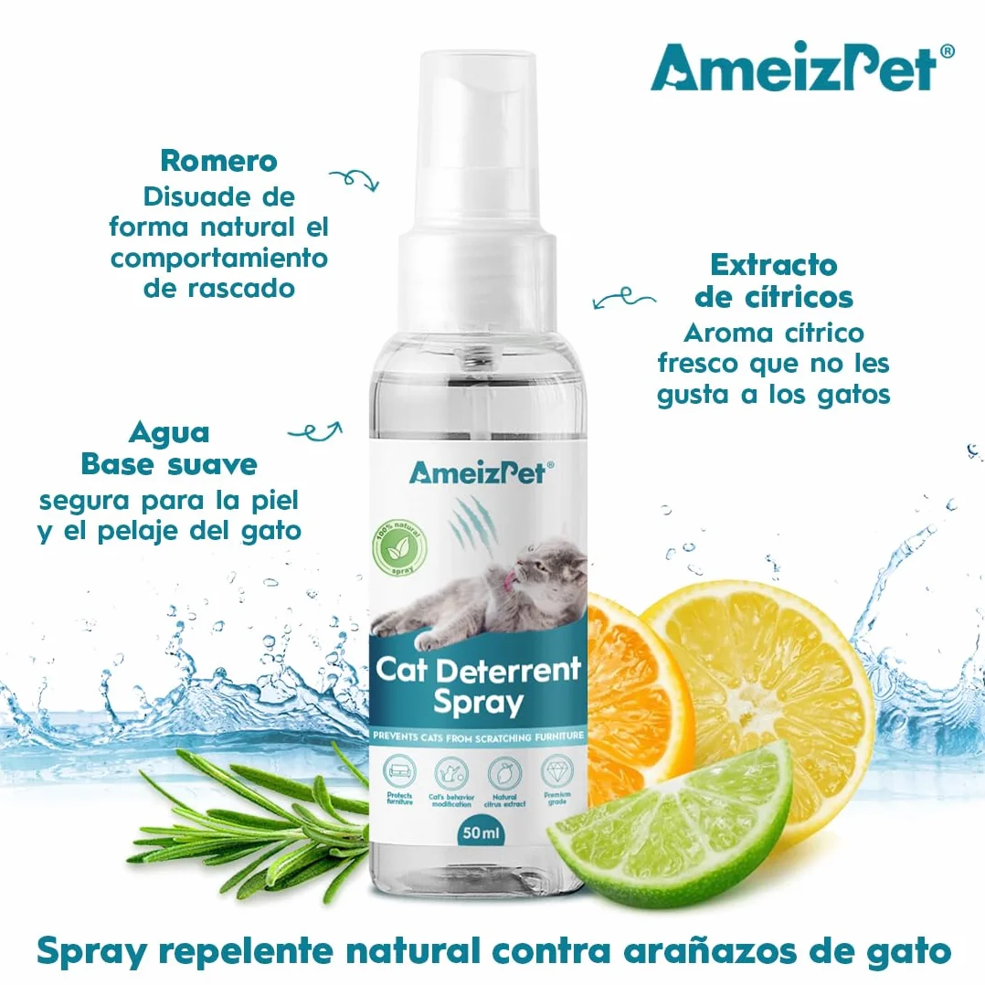 AmeizPet Spray Antiarañazos Gatos, Evita Que Los Gatos Arañen Muebles, Alfombras, Cortinas y Plantas, Ahuyentador de Gatos y Gatitos Exterior e Interior, 50 ml (1.69 Oz)
