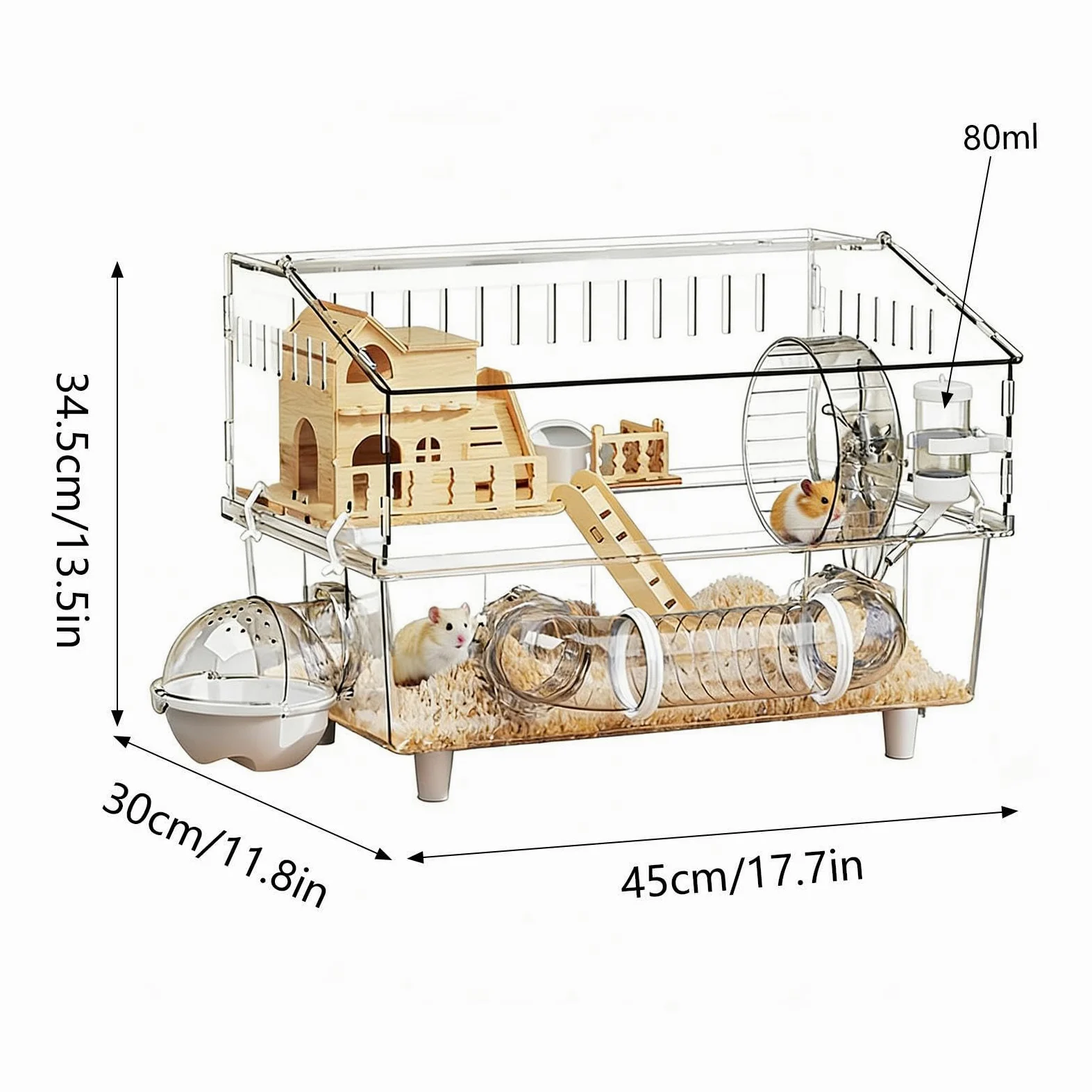Jaula para Hámster Casa Transparente de 2 Niveles para Chinchilla | Jaula con Bebedero y Arenero Observación de Mascotas en Casa, Interior y Exterior