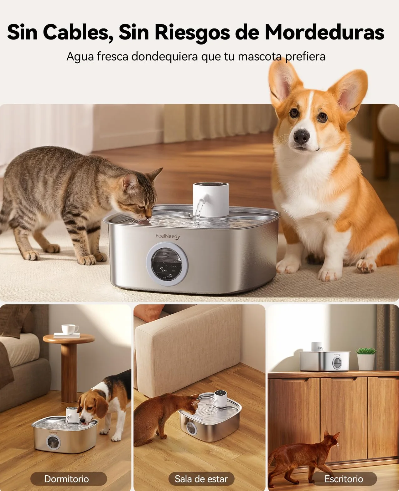 FEELNEEDY 8L Fuente para Gatos sin Cable, Bebedero Gatos Perros de Acero Inoxidable con 3 Filtros, 5000mAh Batería Recargable, Apta para Lavavajillas, Sensor de Radar Mejorado