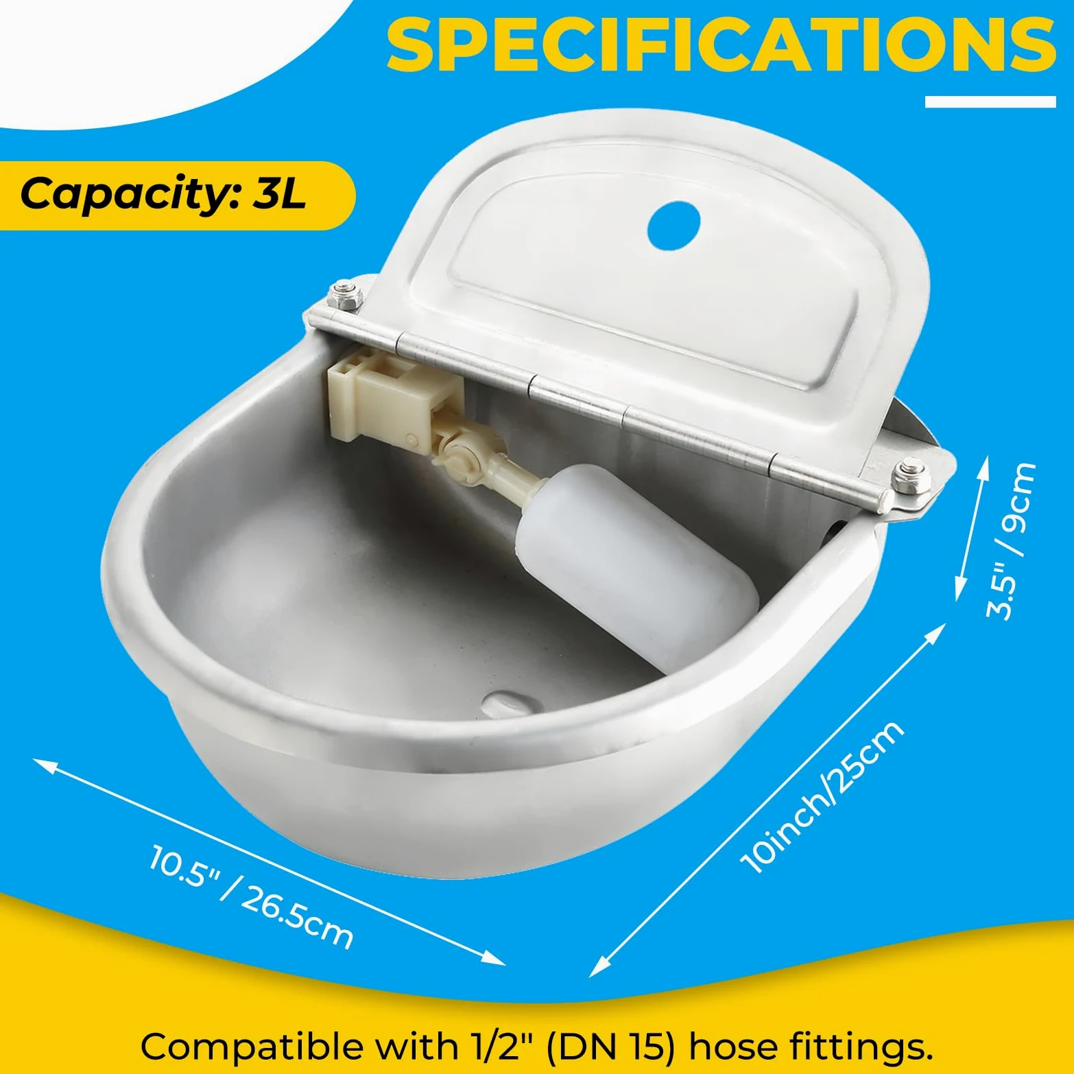 Natgai - Cuenco de agua automático de acero inoxidable con válvula de flotador y orificio de drenaje para granja para caballo, ganado, cabra, oveja, perro