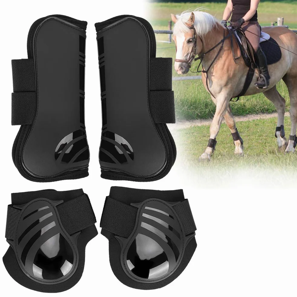 HERCHR 2 Pares de Botas para tendón de Caballo, Protector de piernas Abierto y Grueso de PU con Bloqueo Frontal, protección Segura para piernas para Entrenamiento, Salto y equitación
