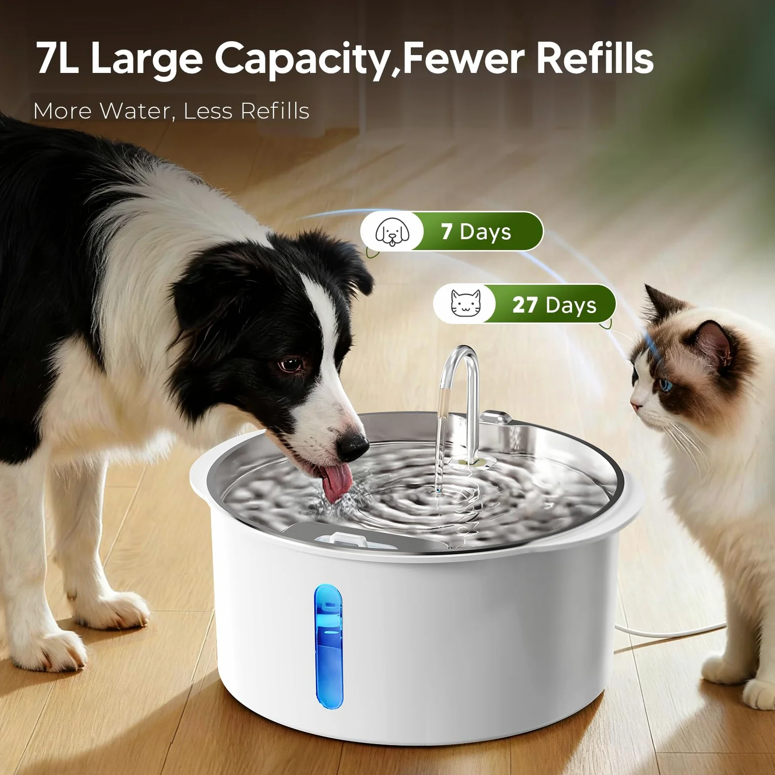 Fuente de agua para perros grandes, fuente de acero inoxidable de 1.8 galones/7 litros, dispensador de cuenco de agua para perros con ventana de visualización y LED, súper silenciosa, filtros de