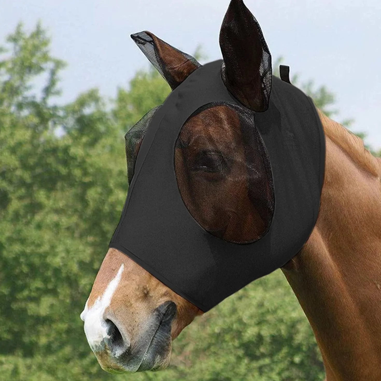 Máscara antimoscas para caballos con orejeras, malla transpirable anti-UV, elástica (negro)