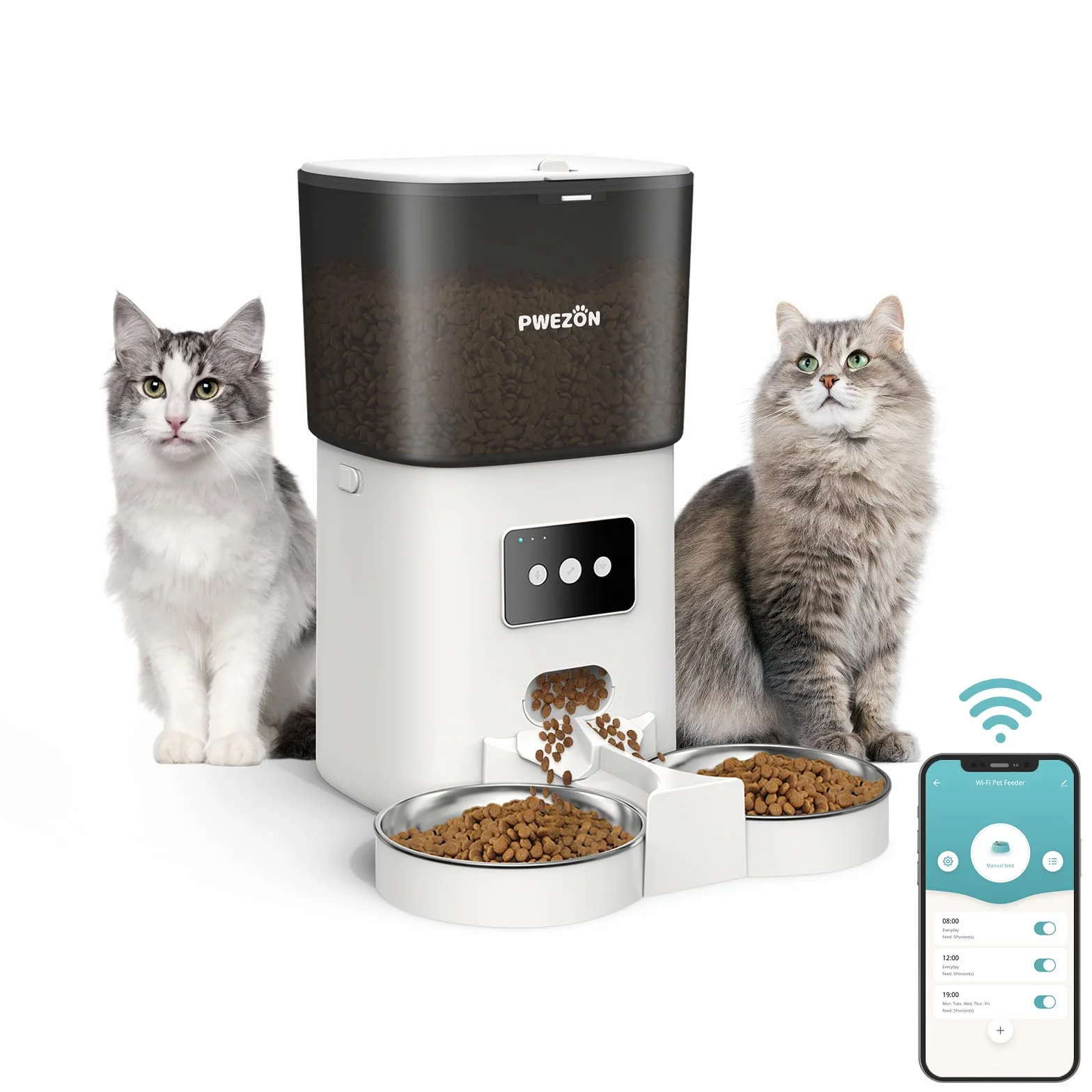 6L Comederos Automáticos para Gatos y Perros con Dos Tazones, PWEZON Inteligente WiFi Dispensador de Alimentación Automático para Dos Mascotas, Temporizador, Control de Porciones, Grabadora de Voz