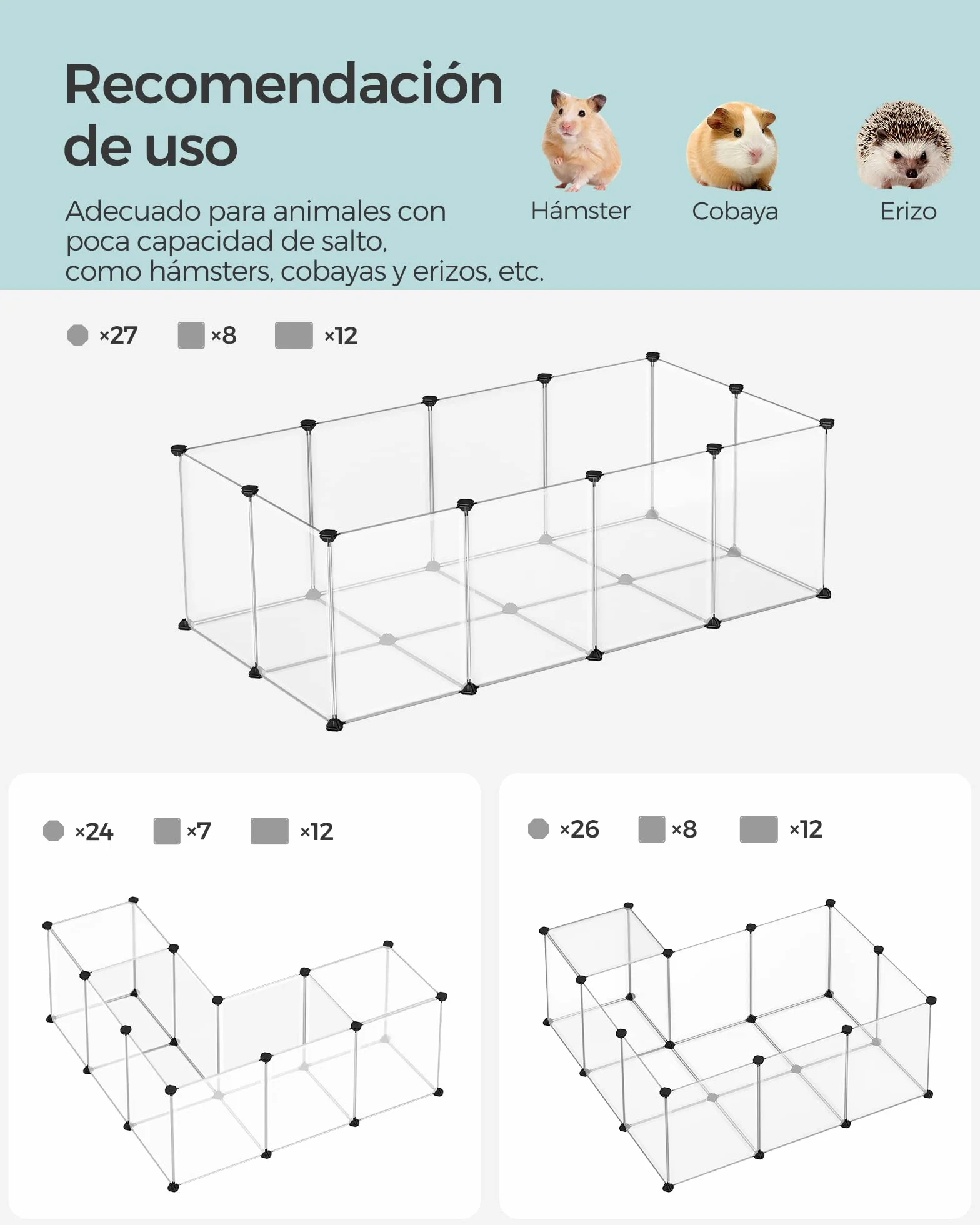 SONGMICS Valla para Mascotas, Parque para Cobayas con Suelo, Recinto Interior de Plástico Transparente para Hámsters, Conejos, Erizos, para Animales Pequeños, 143 x 73 x 46 cm, Blanco LPC02W