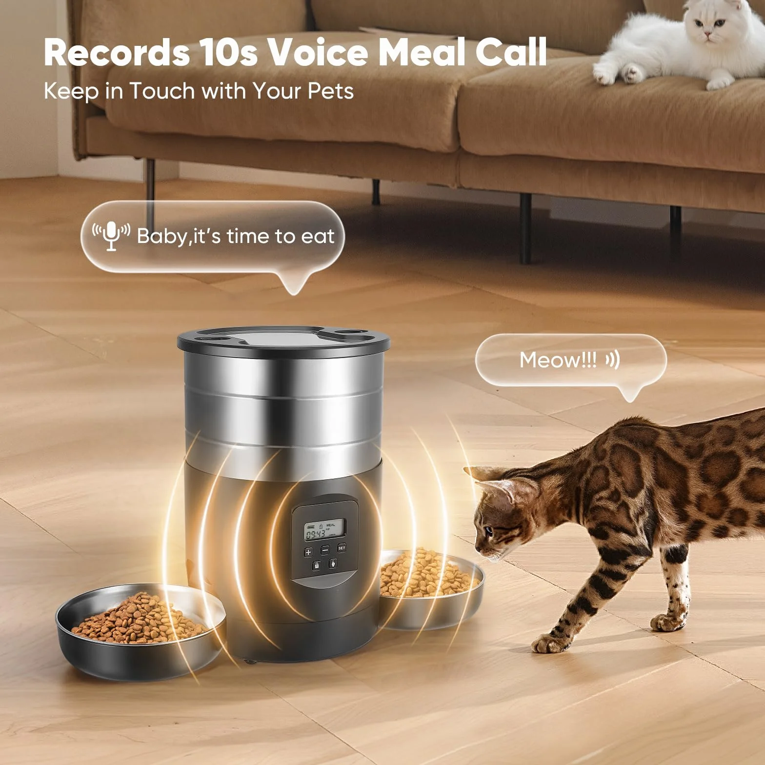 Comedero Automático Gatos 5L con 2 Cuencos, WiFi 2.4G & App Temporizador, Dobles Cuencos Interior Comedero Inteligente, Alimentación Doble con Control de Botones