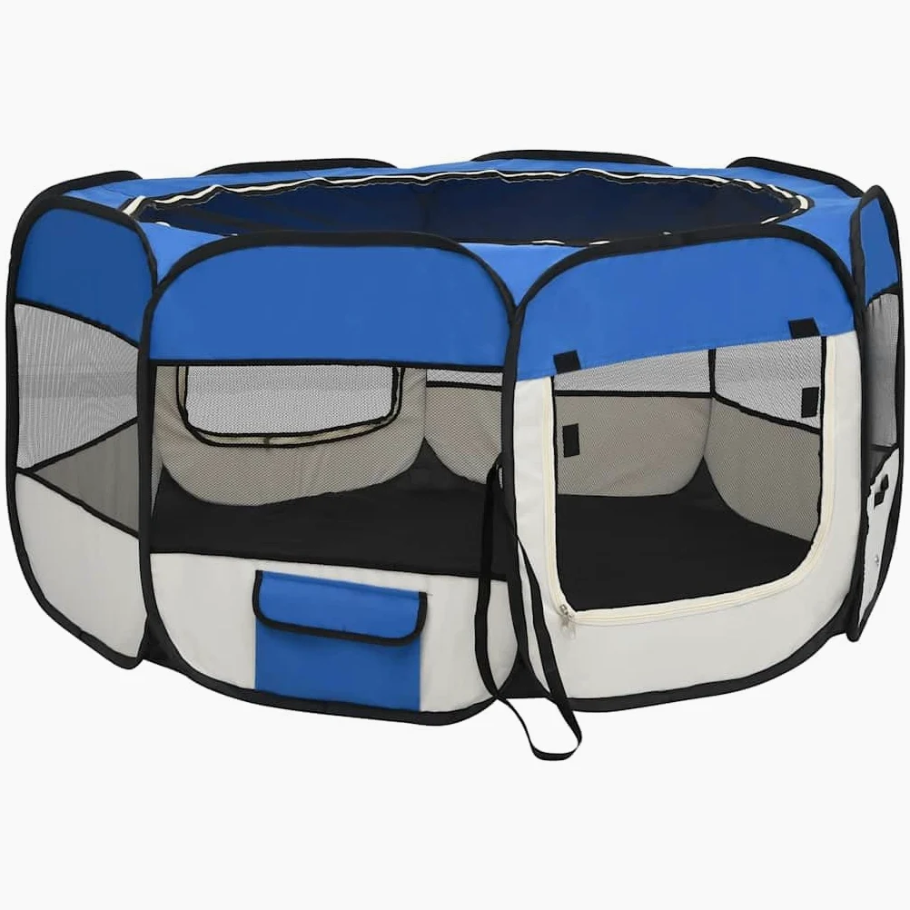 Parque plegable para perros, 125 x 125 x 61 cm, con bolsa de transporte, jaula de entrenamiento y juego de acero resistente, techo y puerta de red con cremallera, bolsillos laterales para juguetes